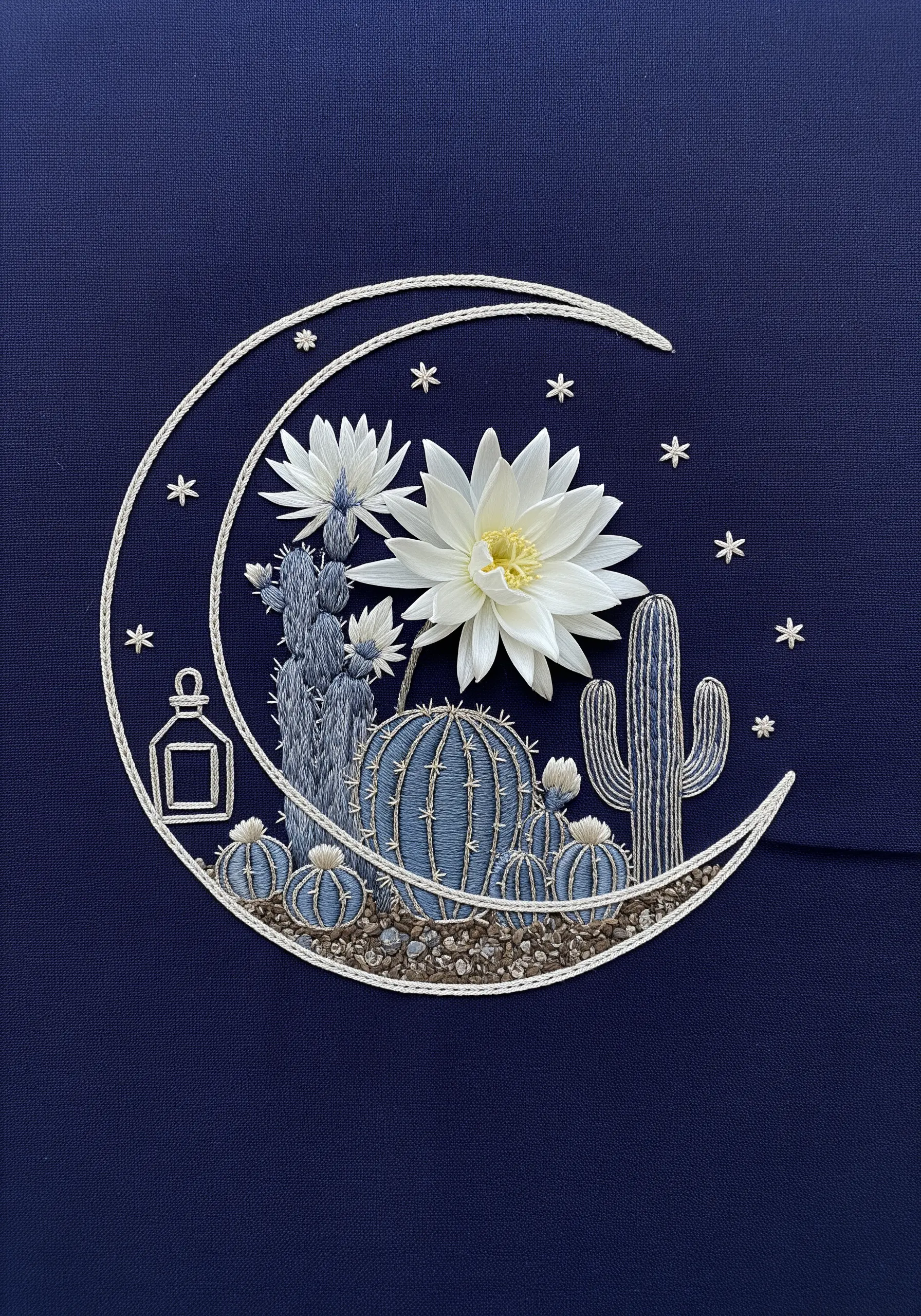 Mixed-media embroidery of desert cacti on dark blue fabric with a white silk flower