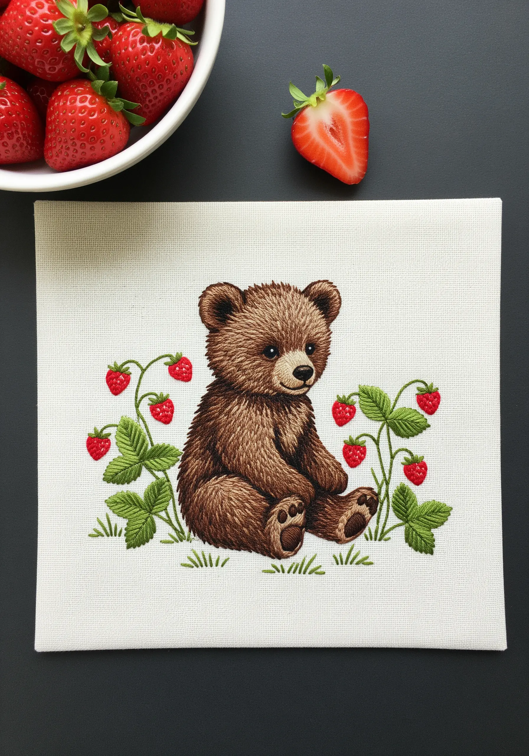 Embroidered brown bear cub with soft fur texture next to strawberries.