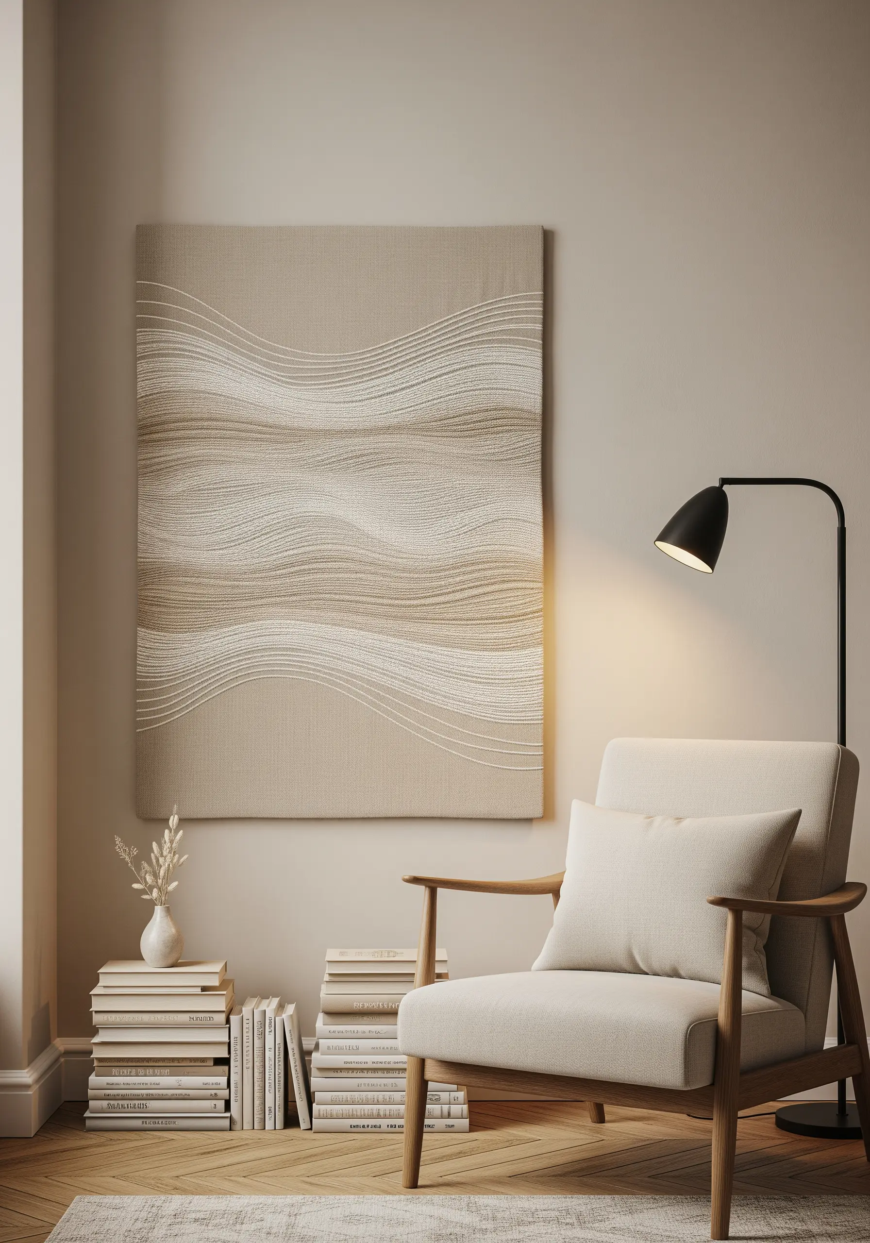 Abstract textile wall art with soft, wavy gradients in neutral tones of beige and white.