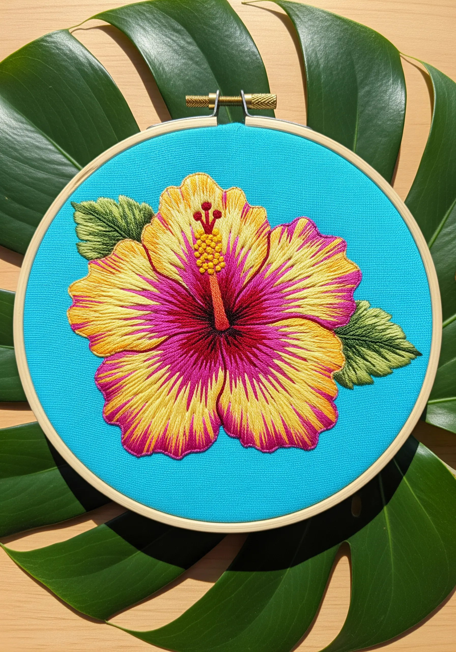 A vibrant hibiscus flower embroidery with blended yellow, pink, and magenta petals on teal fabric.