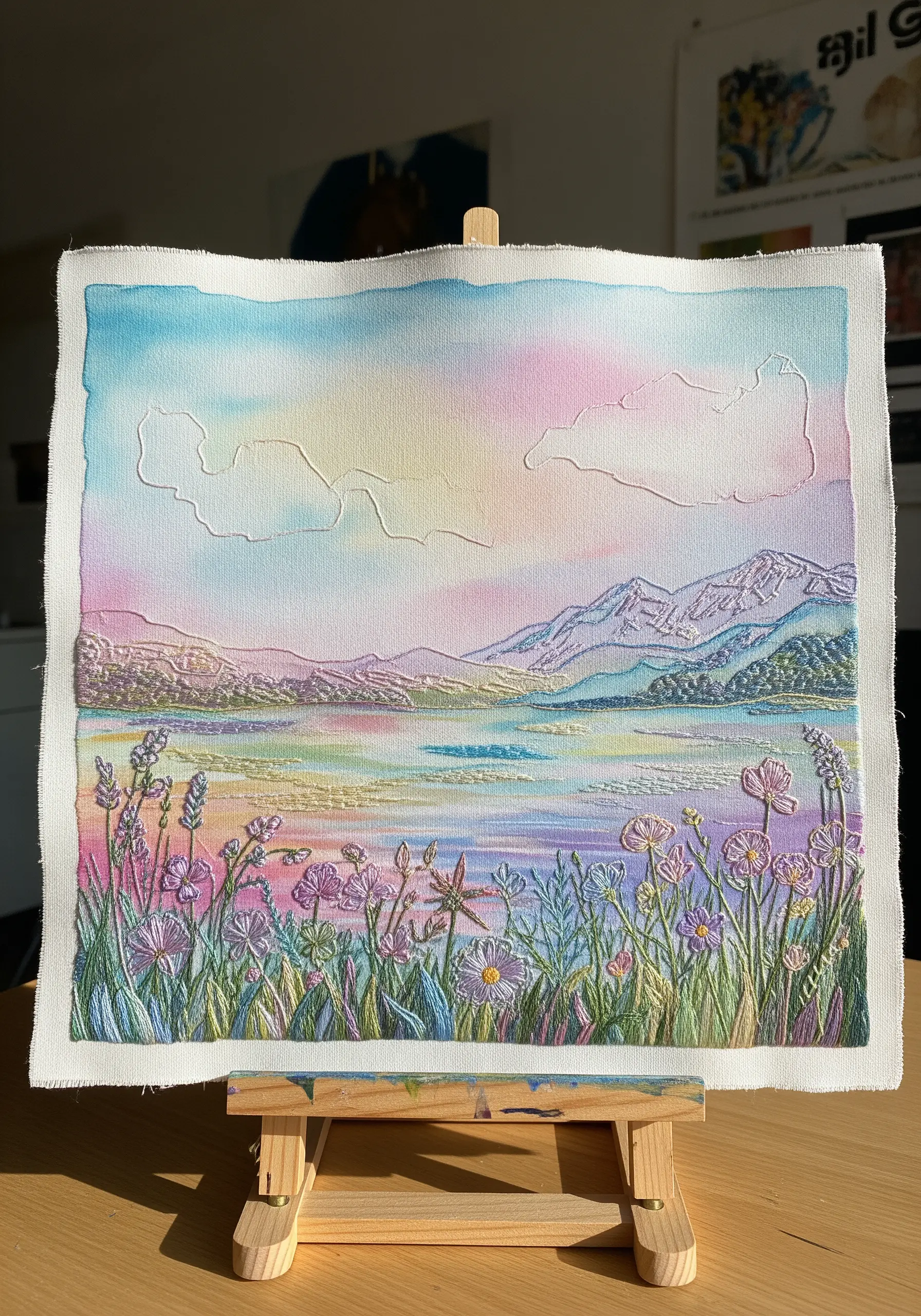 An embroidered landscape with a soft, pastel watercolor background on fabric, displayed on an easel.