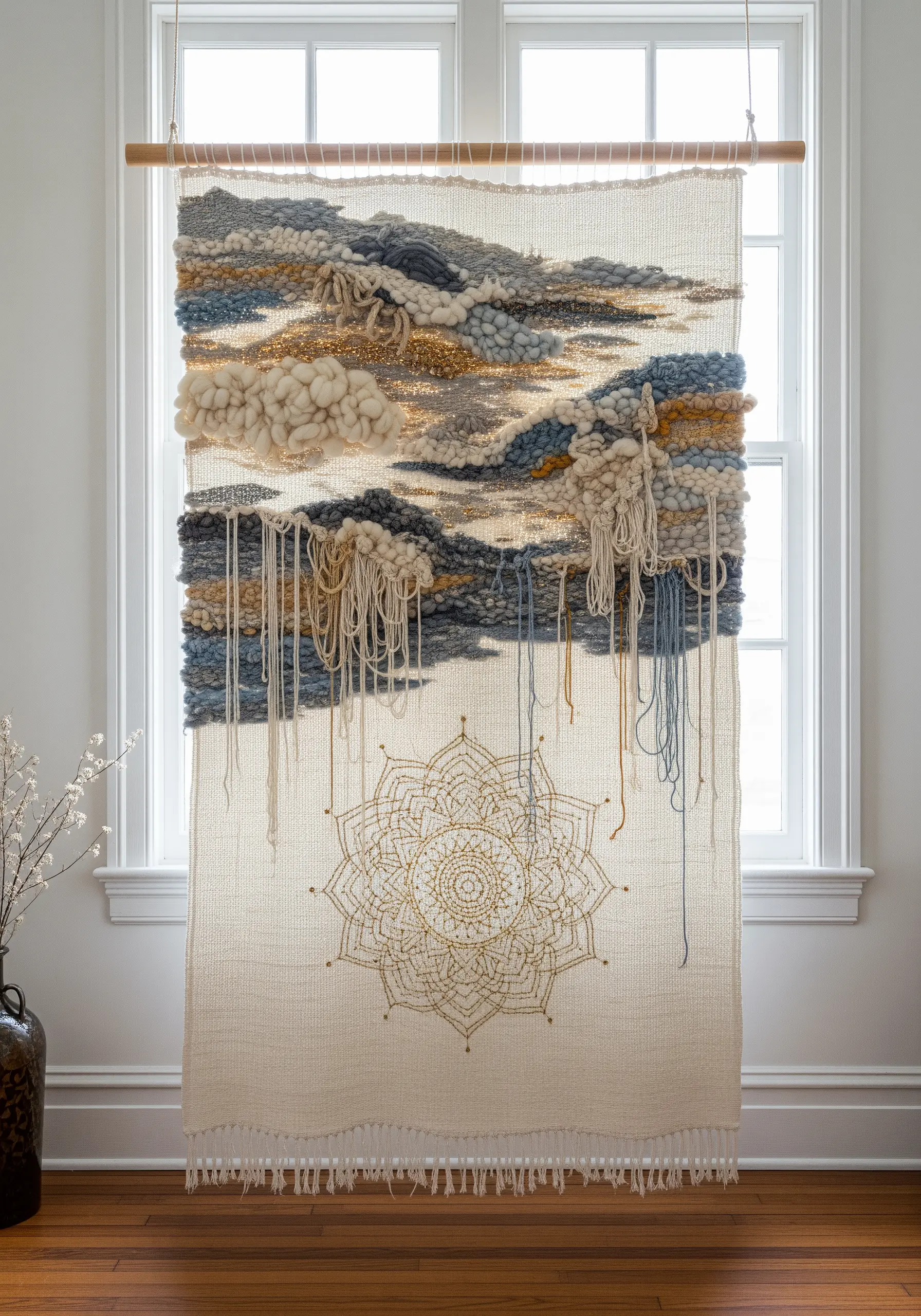 A large wall hanging combining chunky blue and white weaving with a delicate gold embroidered mandala.