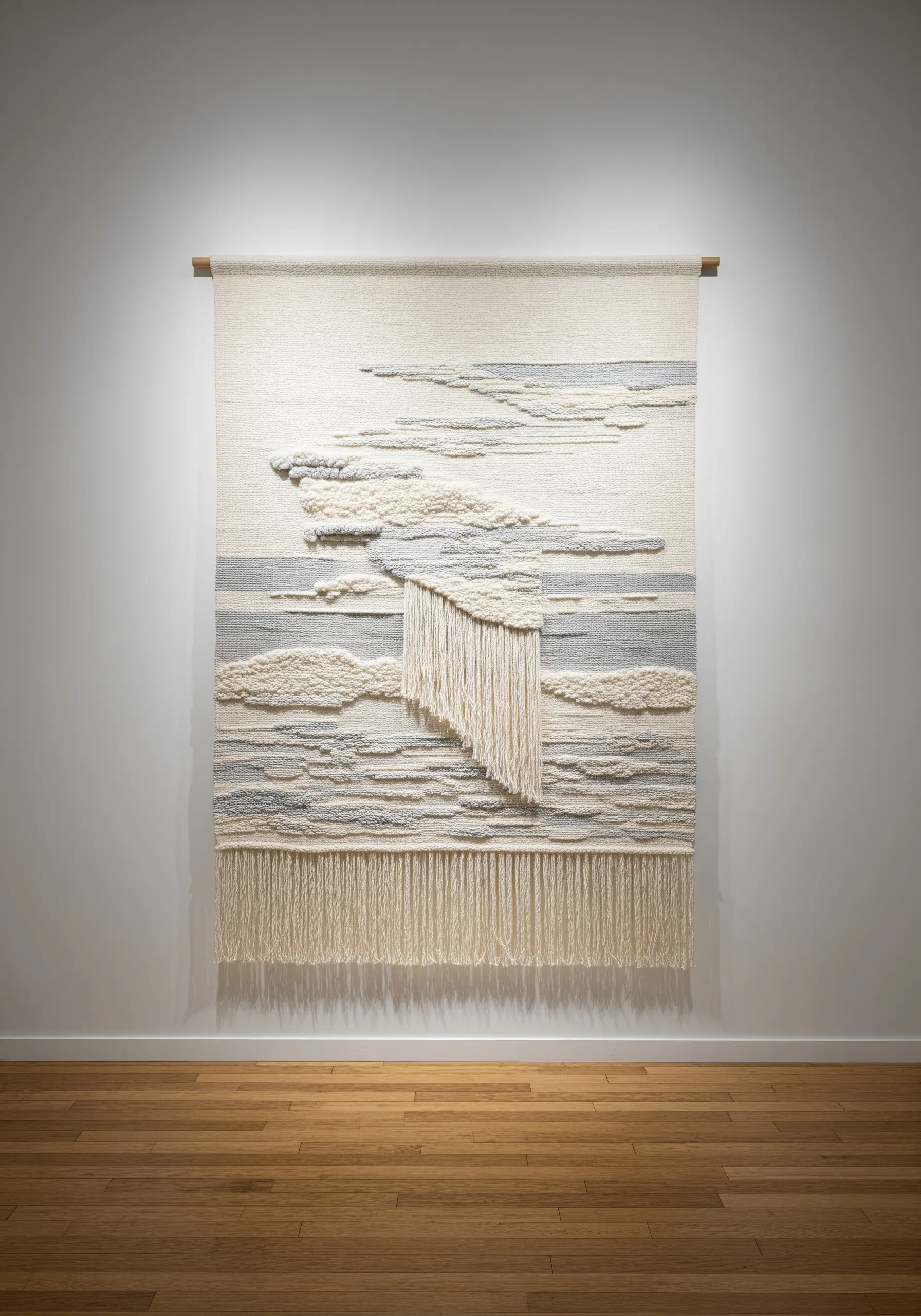 A section of woven yarn integrated into an embroidery hoop with surrounding stitches.