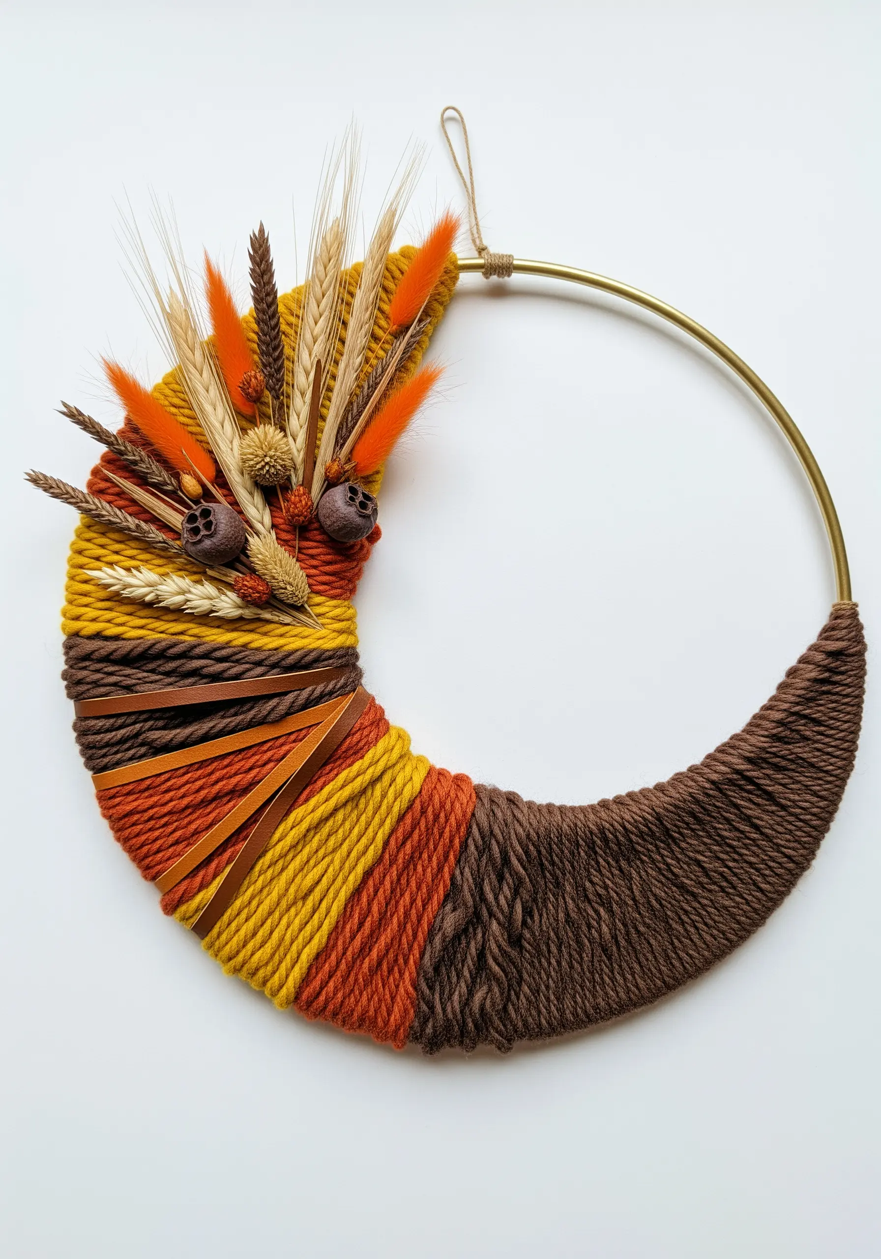 A crescent moon-shaped wreath made with wrapped yarn and a spray of dried botanicals.