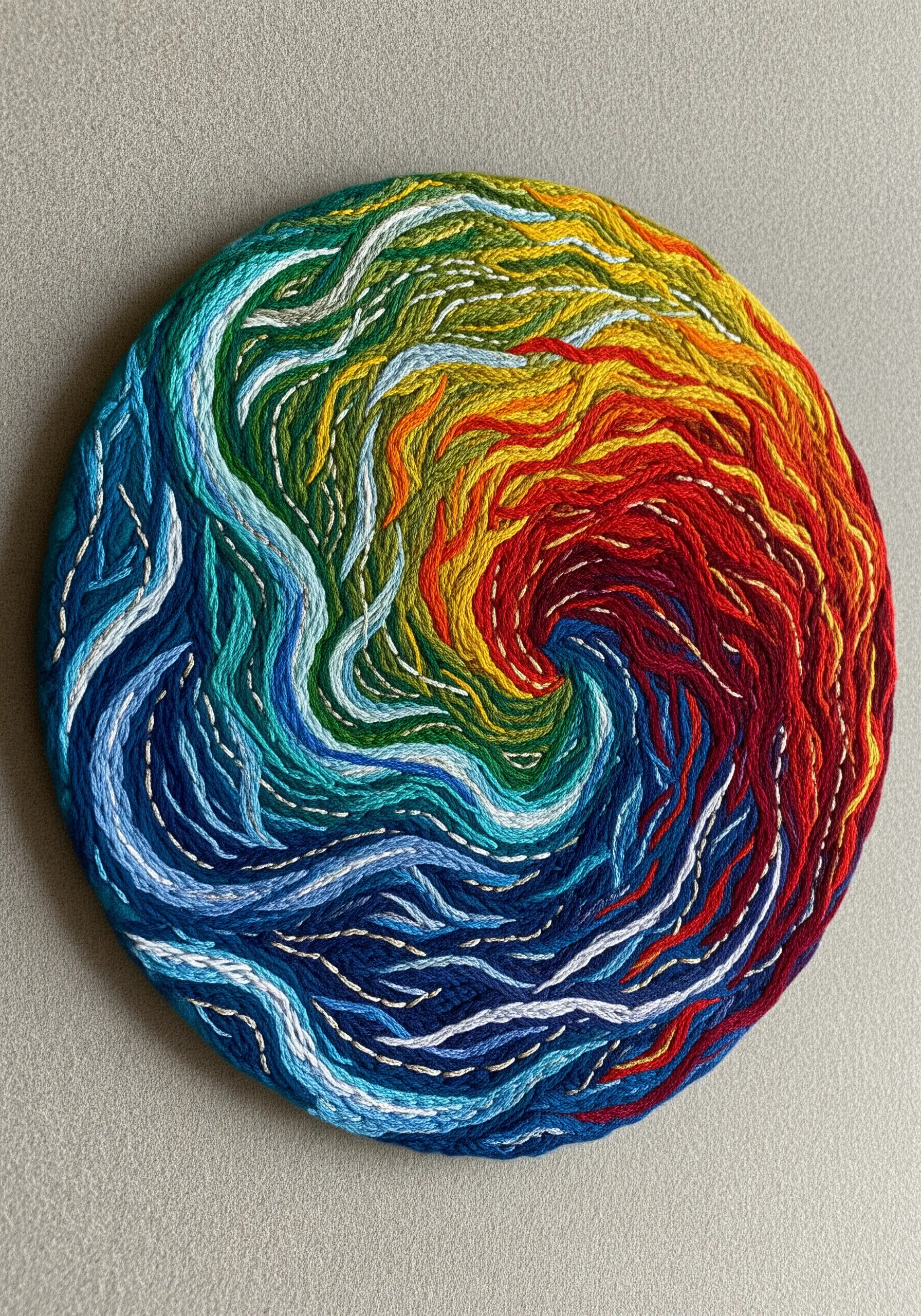 A circular embroidery depicting a swirl of fire on one side and water on the other.