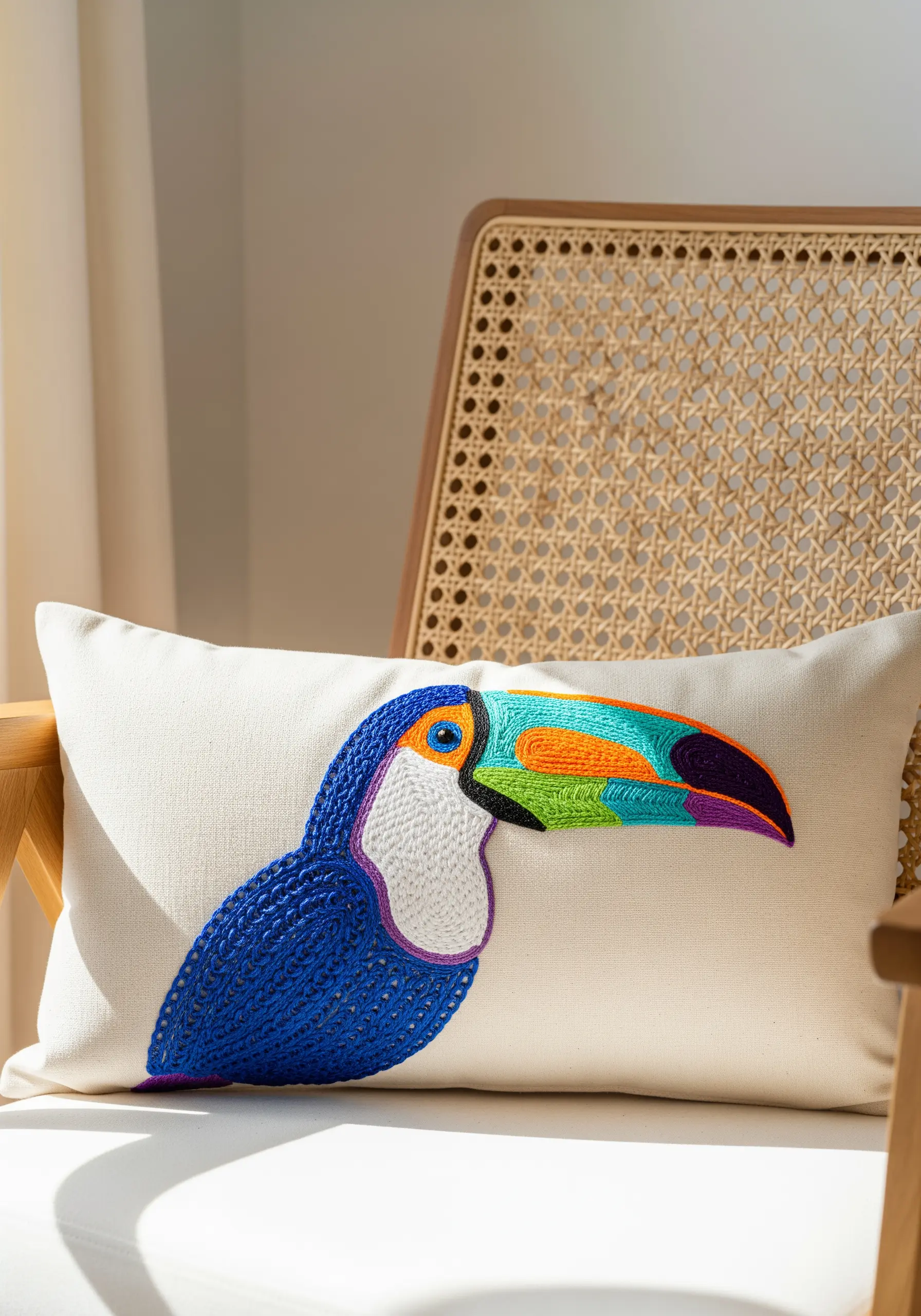 Stylized toucan with vibrant color-blocked satin stitch on a natural linen pillow.