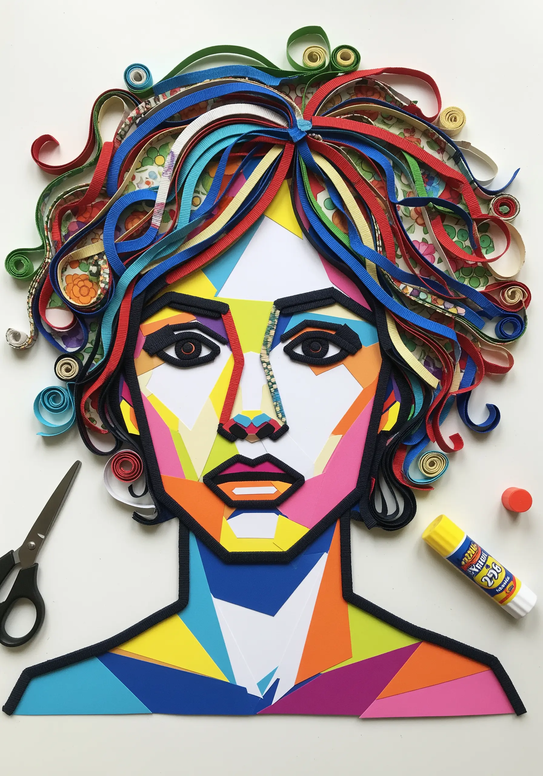 A vibrant, multi-colored paper collage portrait with quilled ribbon hair.