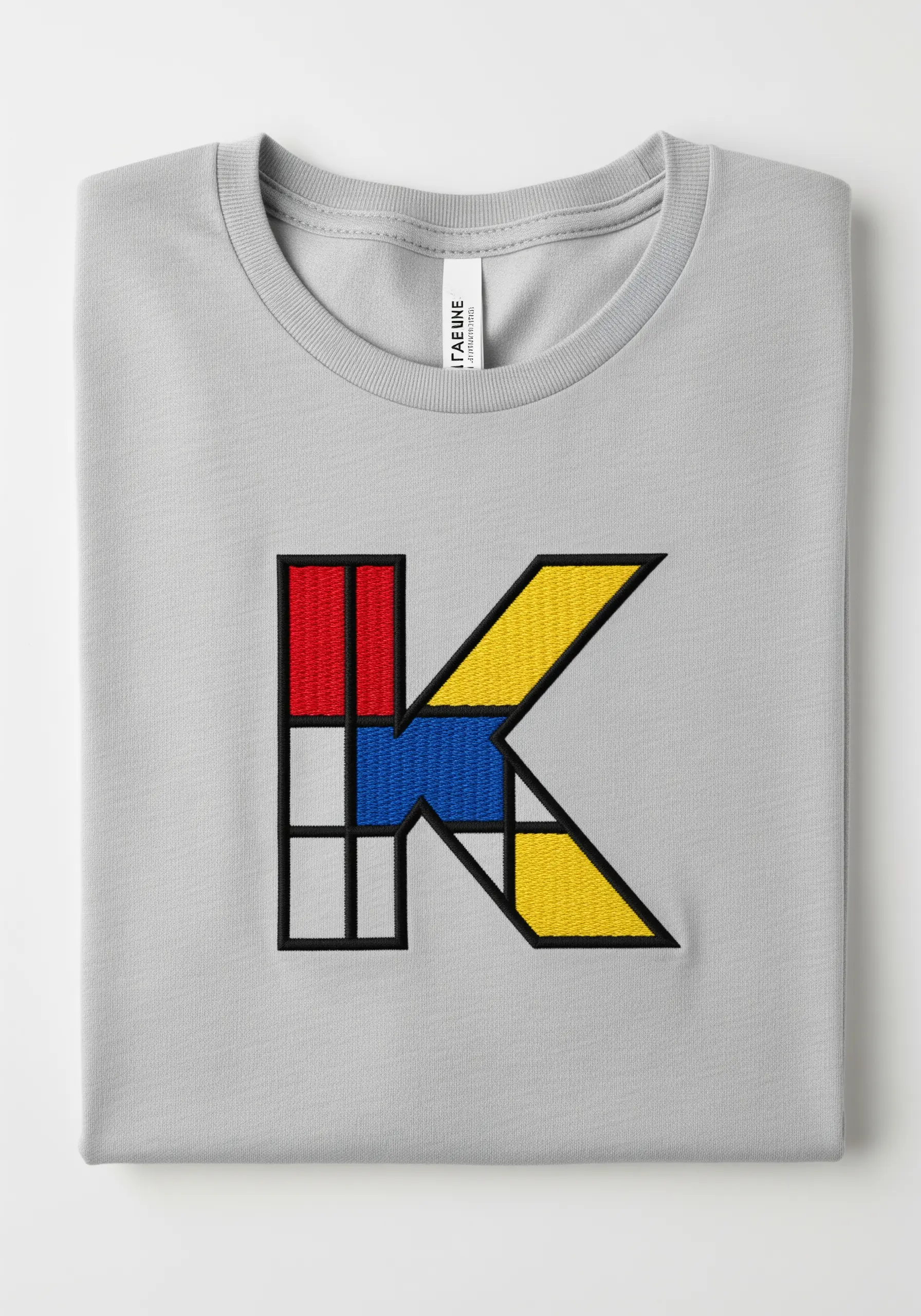 A letter 'K' designed in the style of a Mondrian painting with blocks of red, blue, and yellow.