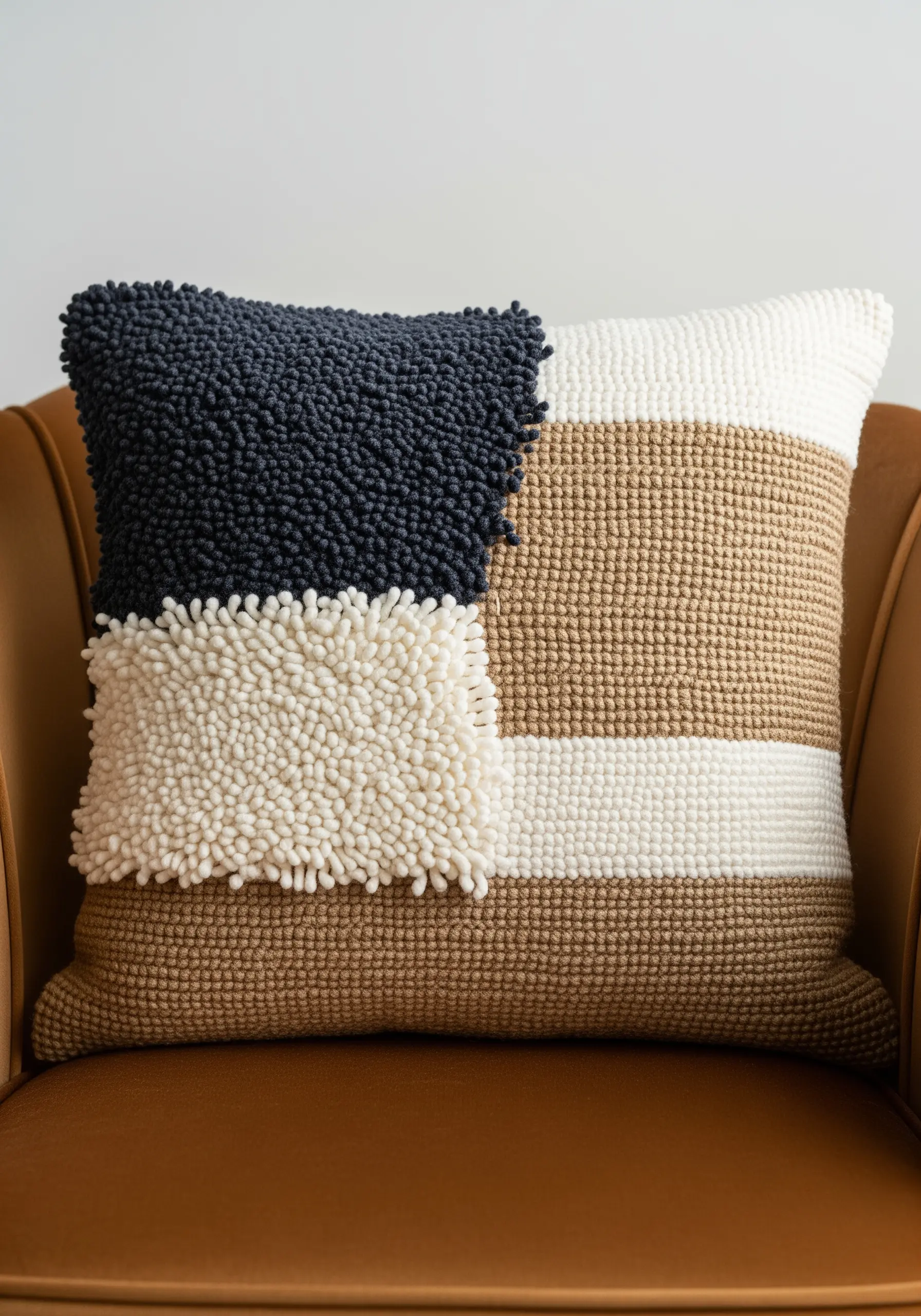 Punch needle pillow with color-blocked sections of varying loop heights and textures.