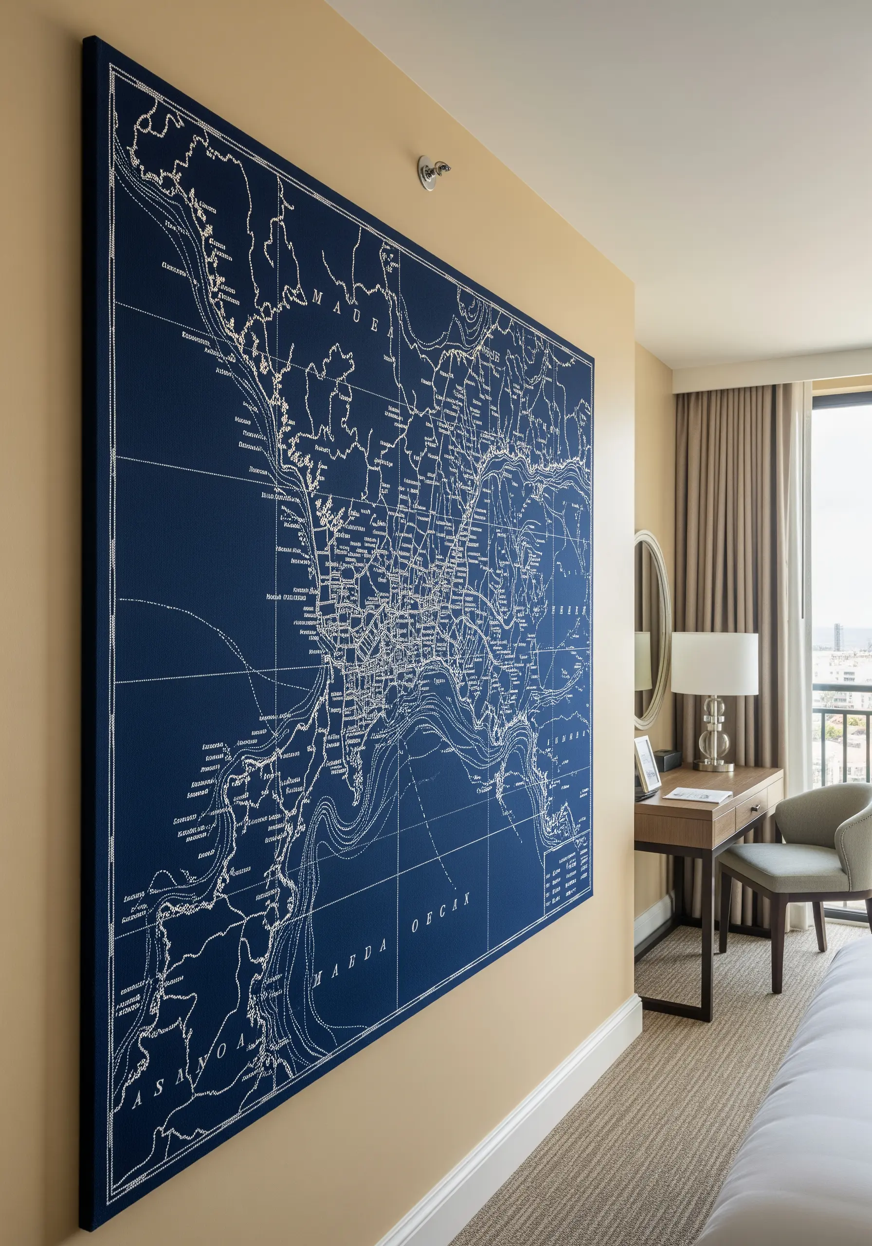 A large blueprint-style map embroidered with fine white metallic thread on a navy blue canvas.