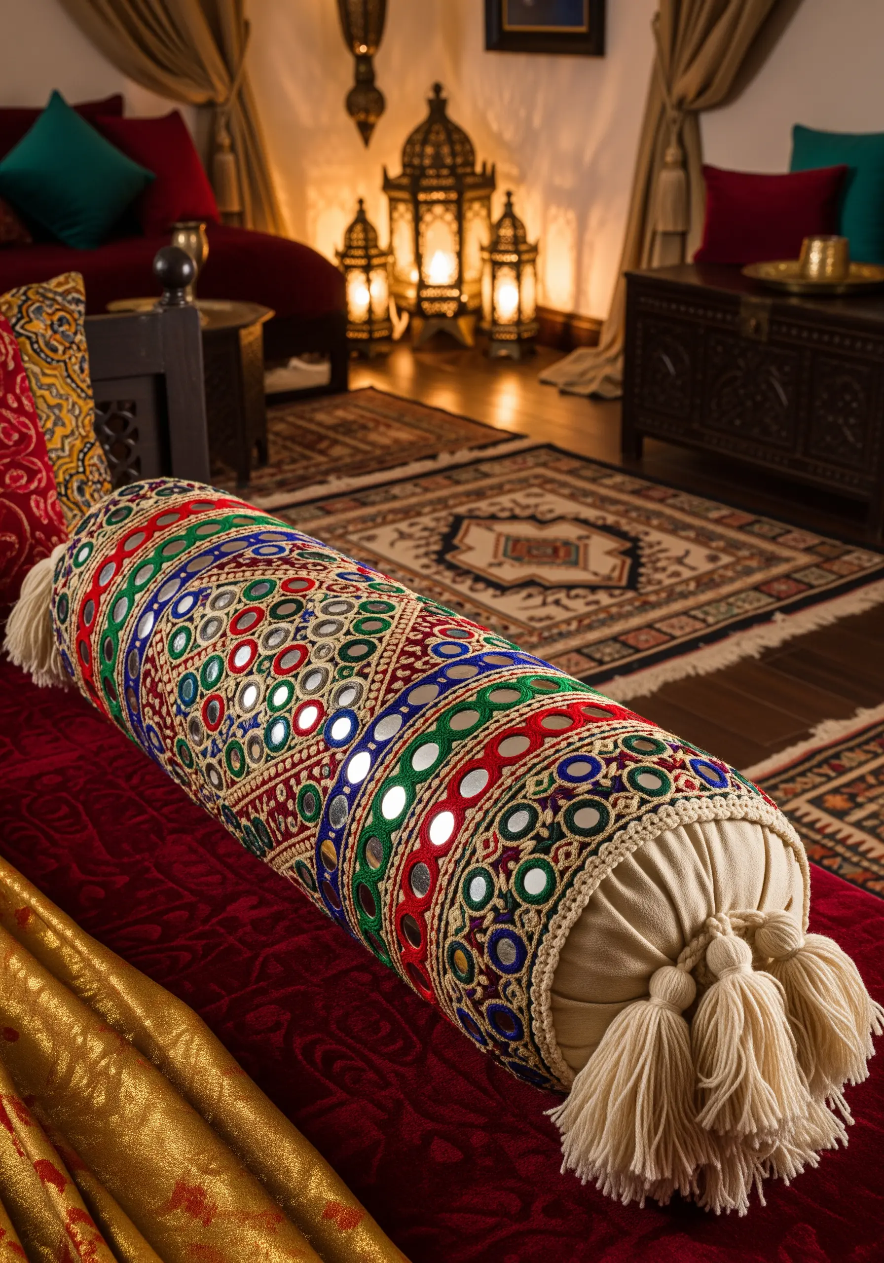 Bolster pillow with colorful mirror work and embroidery