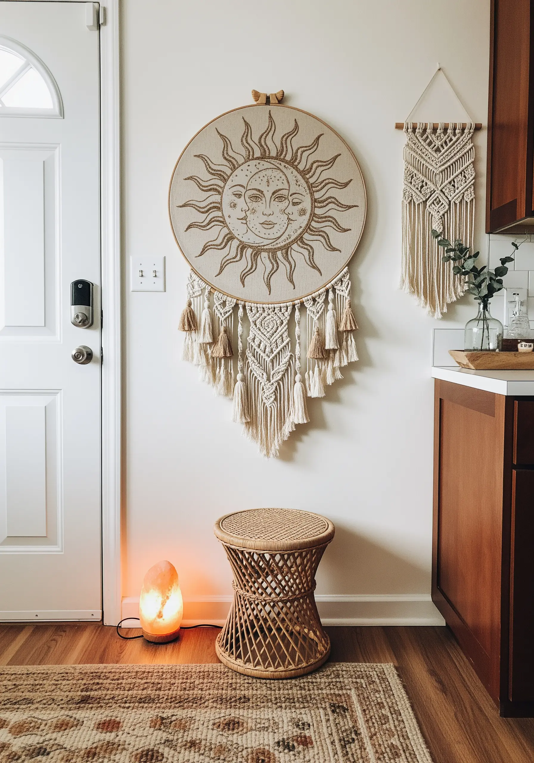 Large bohemian-style embroidery hoop of a sun and moon with macrame tassels hanging below.