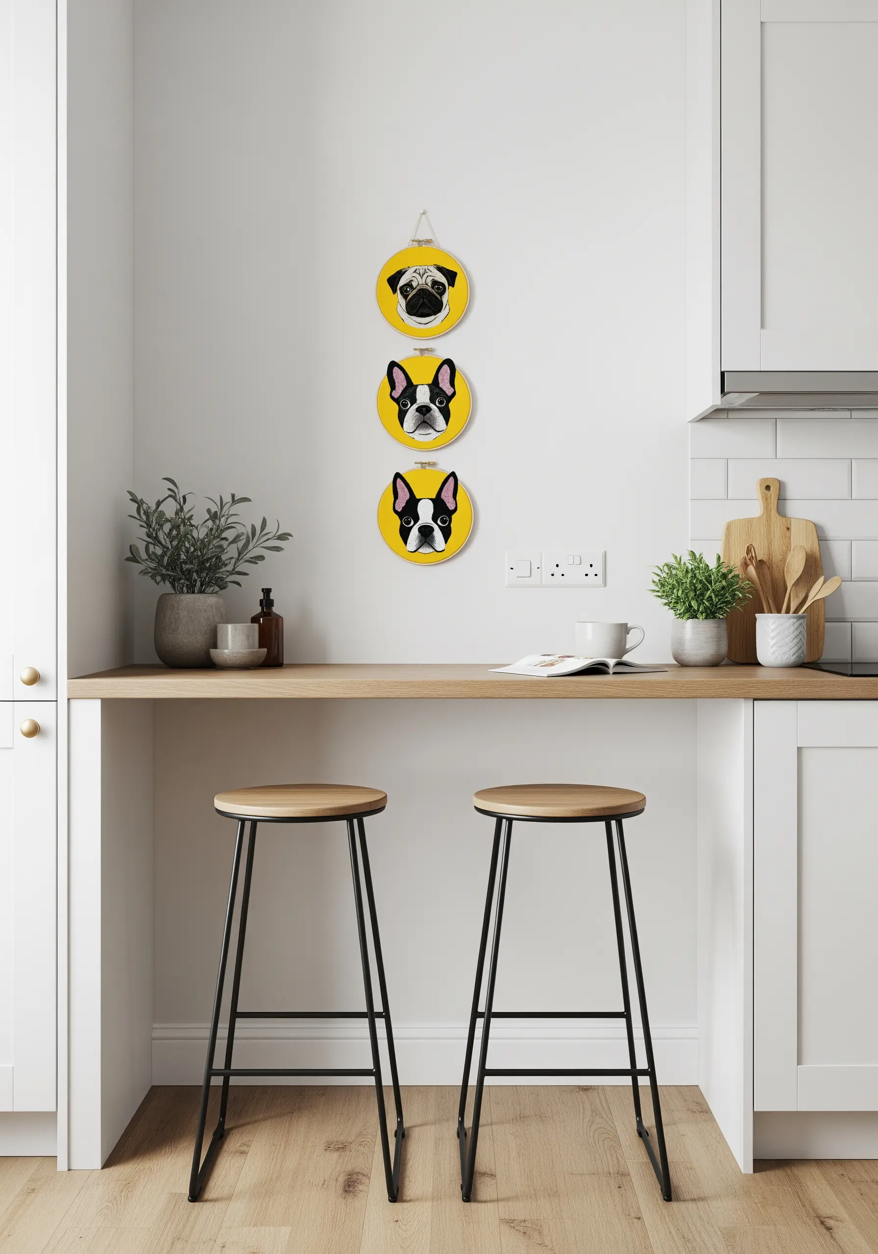 Three dog portraits on bright yellow backgrounds, hung vertically in a kitchen.