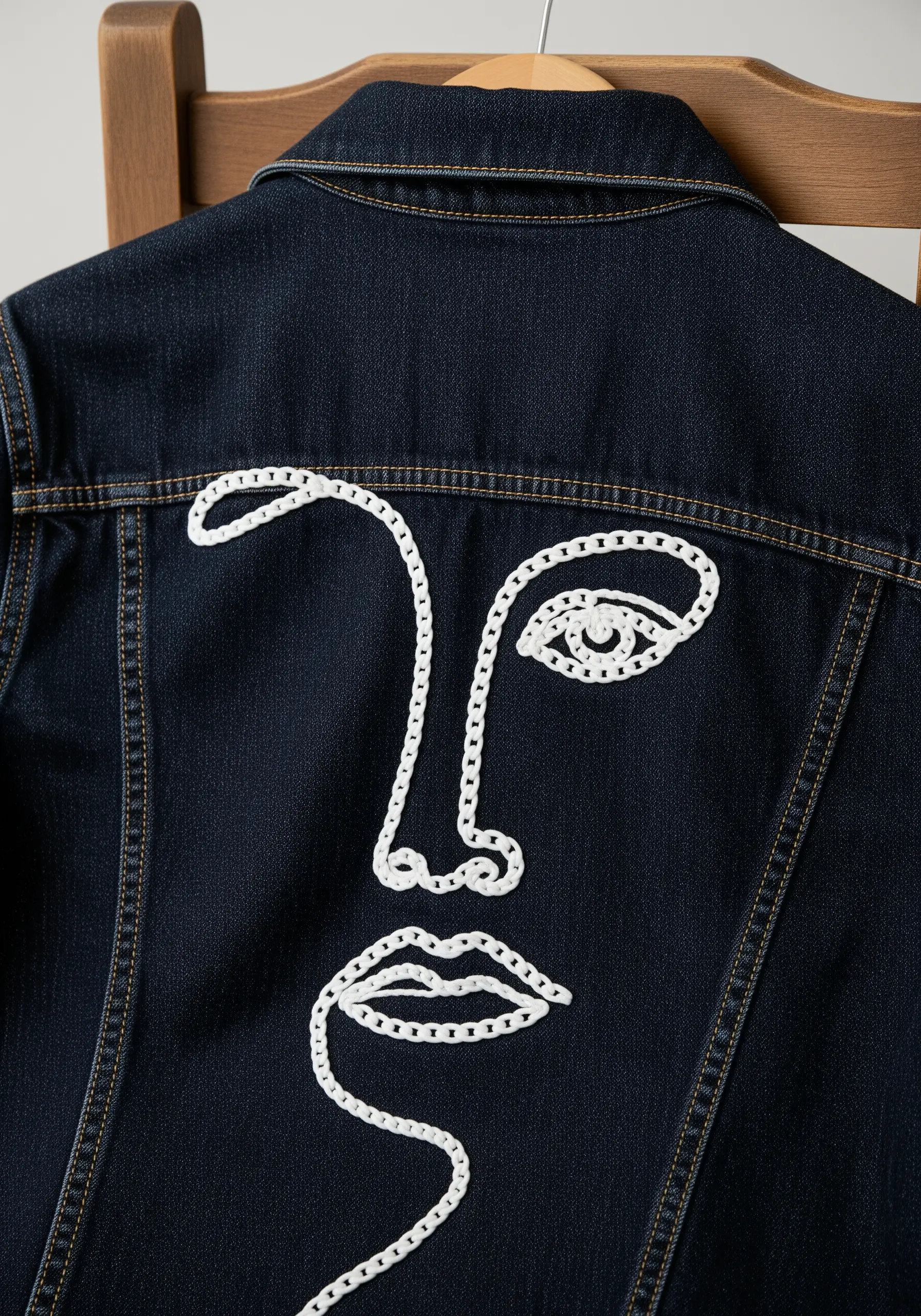 Back of a dark denim jacket featuring a large abstract face embroidered in thick white chain stitch