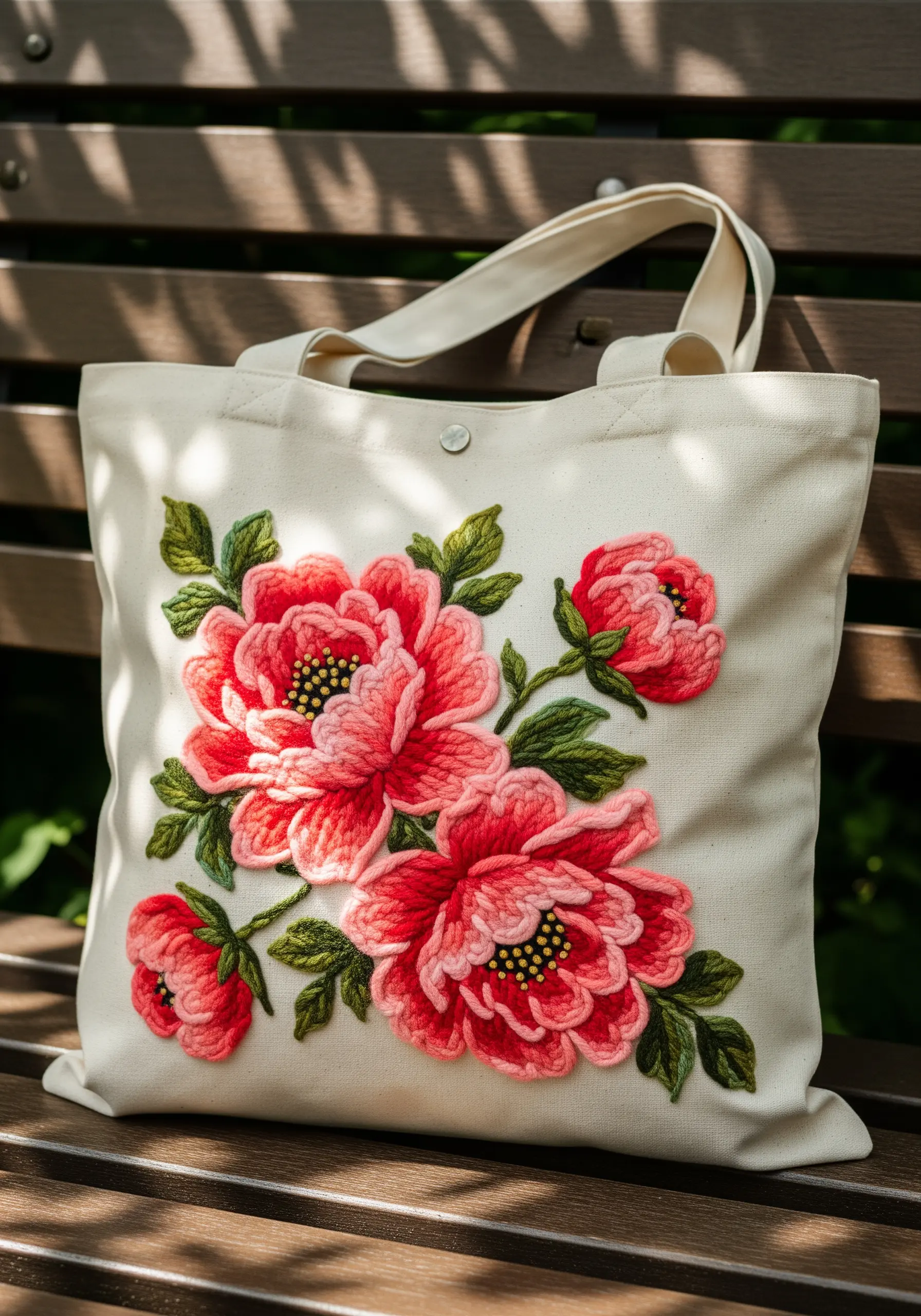 Large pink peony embroidery on cream canvas tote bag