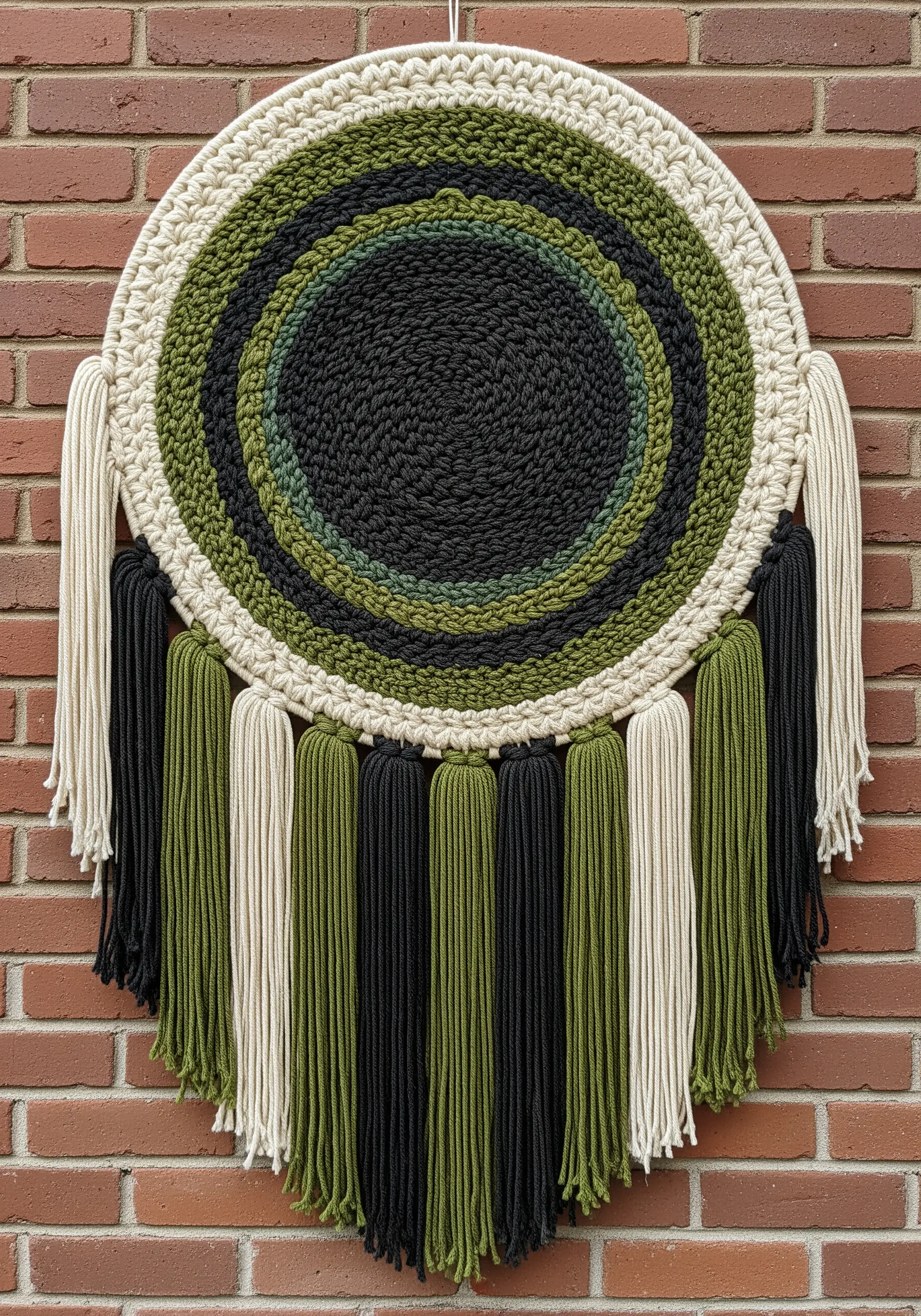 A large circular macrame wall hanging with concentric rings of green, black, and cream.