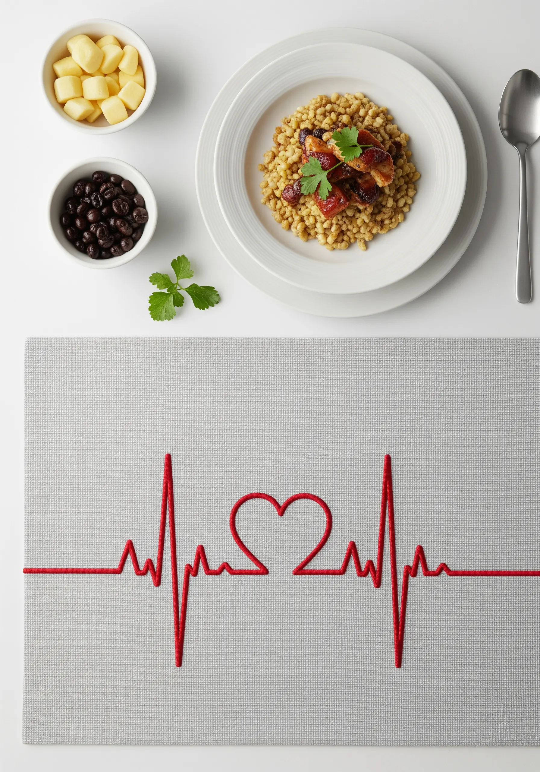 A red heartbeat line with a heart in the middle embroidered on a grey placemat.