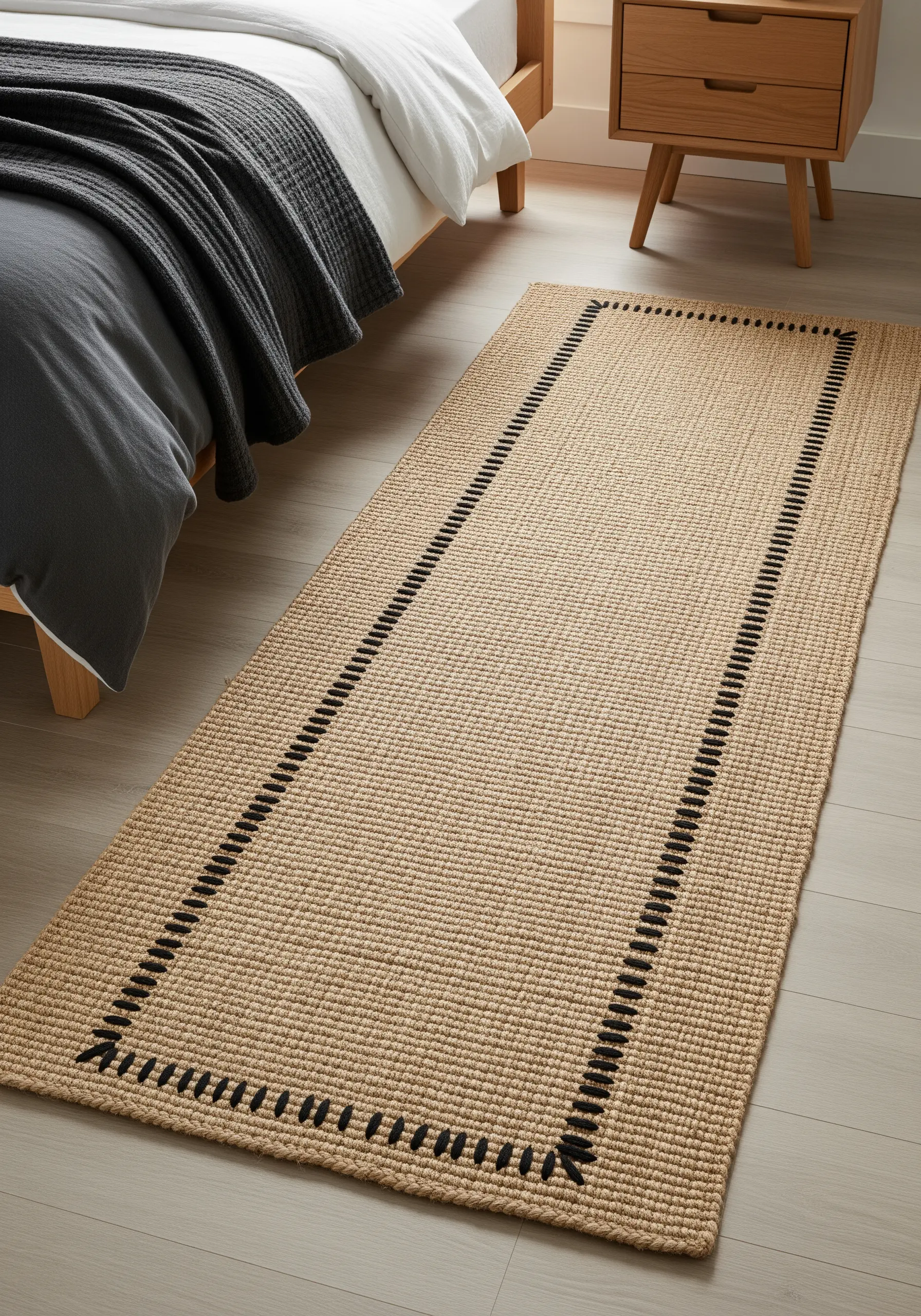 A hand-stitched border of large black stitches on a natural jute runner rug.