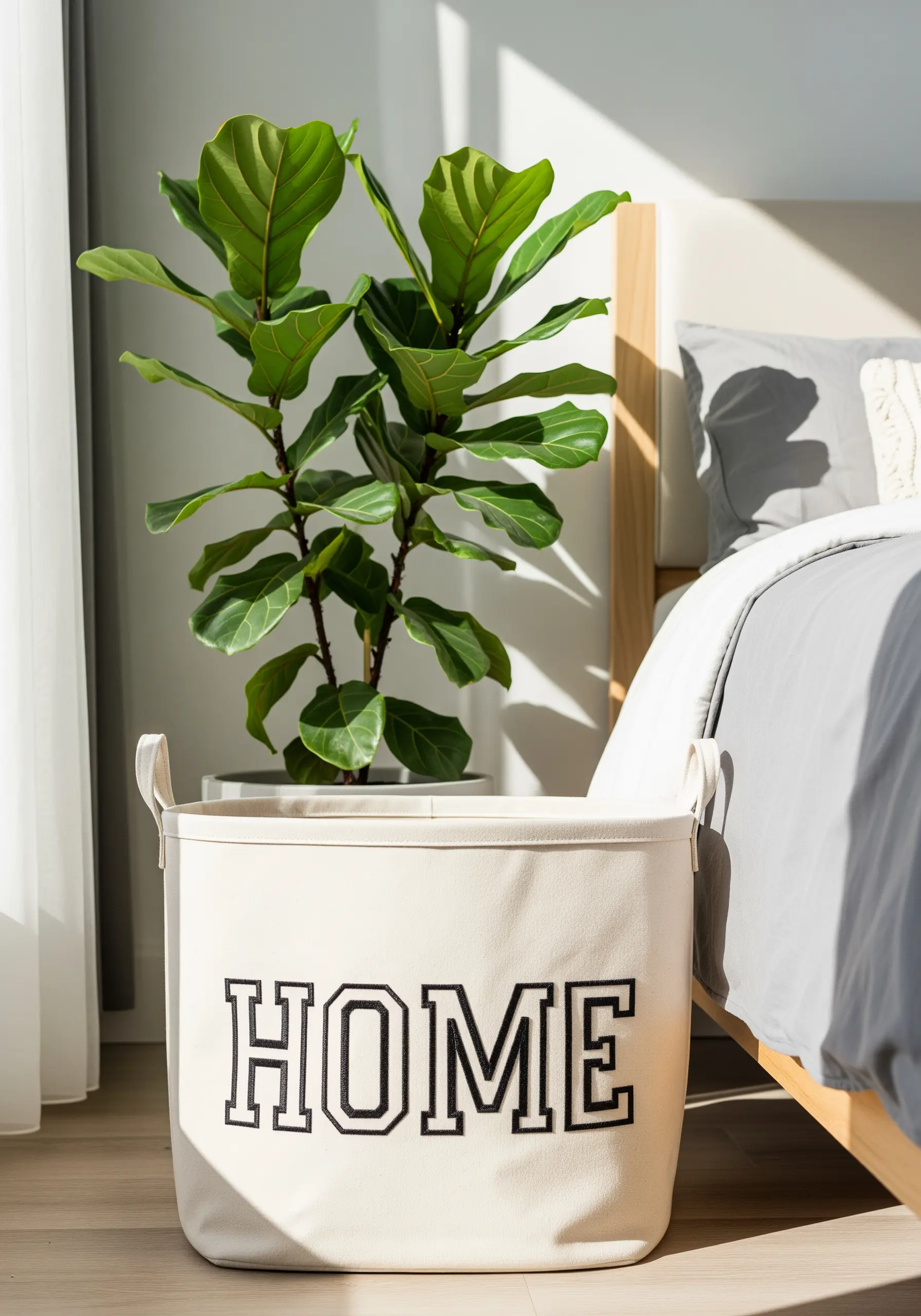 The word HOME embroidered in a bold, outlined font on a canvas basket.