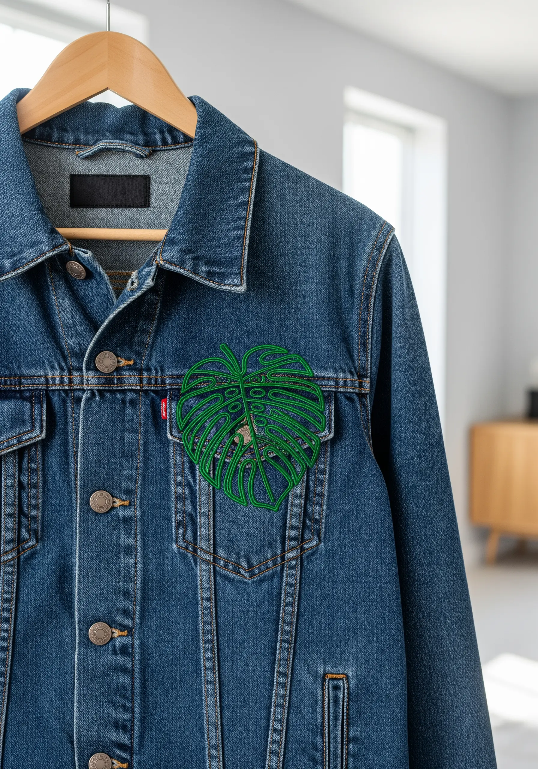 A bold, green line-art embroidery of a monstera leaf on a denim jacket.