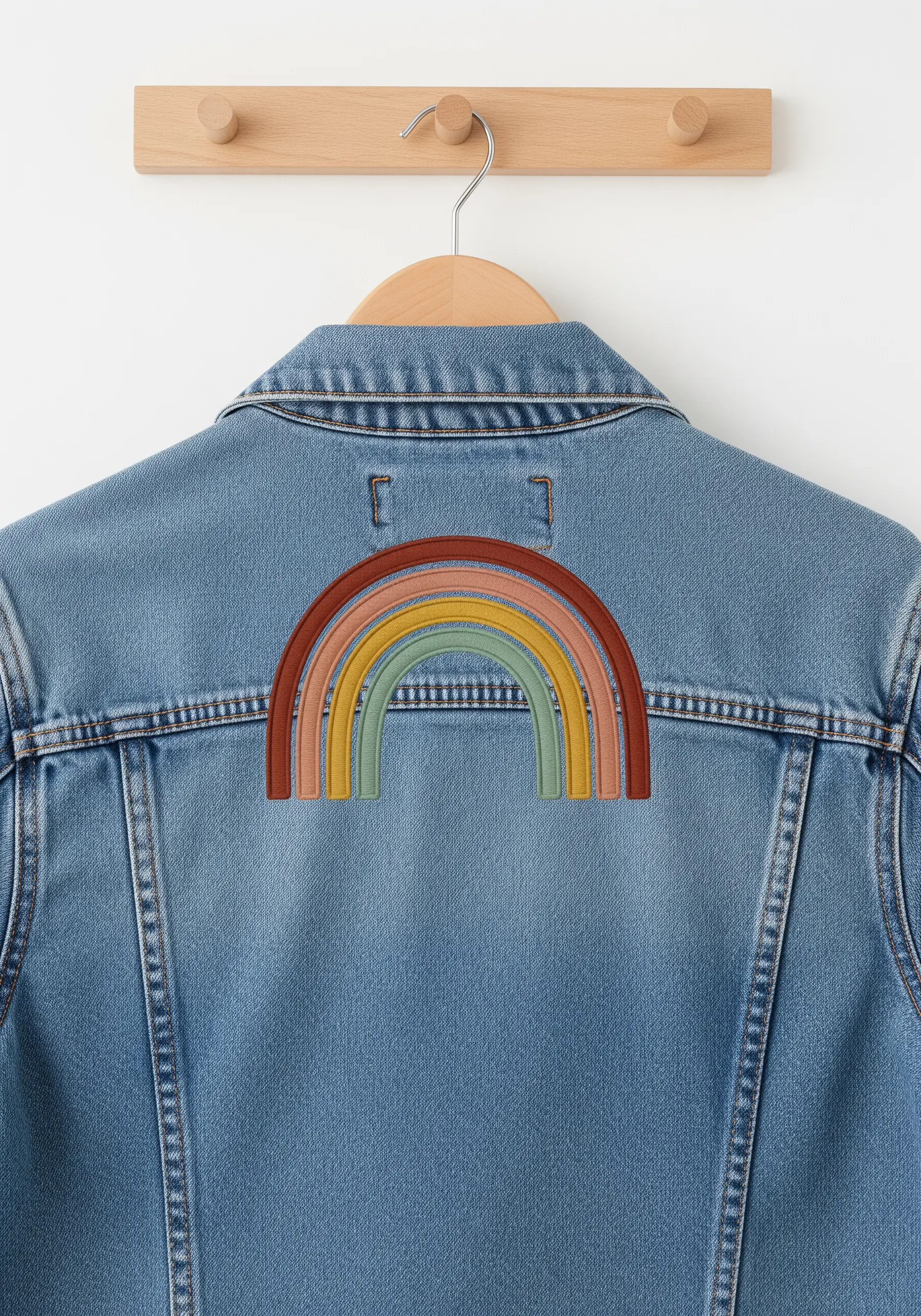 A large, earthy-toned rainbow embroidered on the back of a denim jacket.