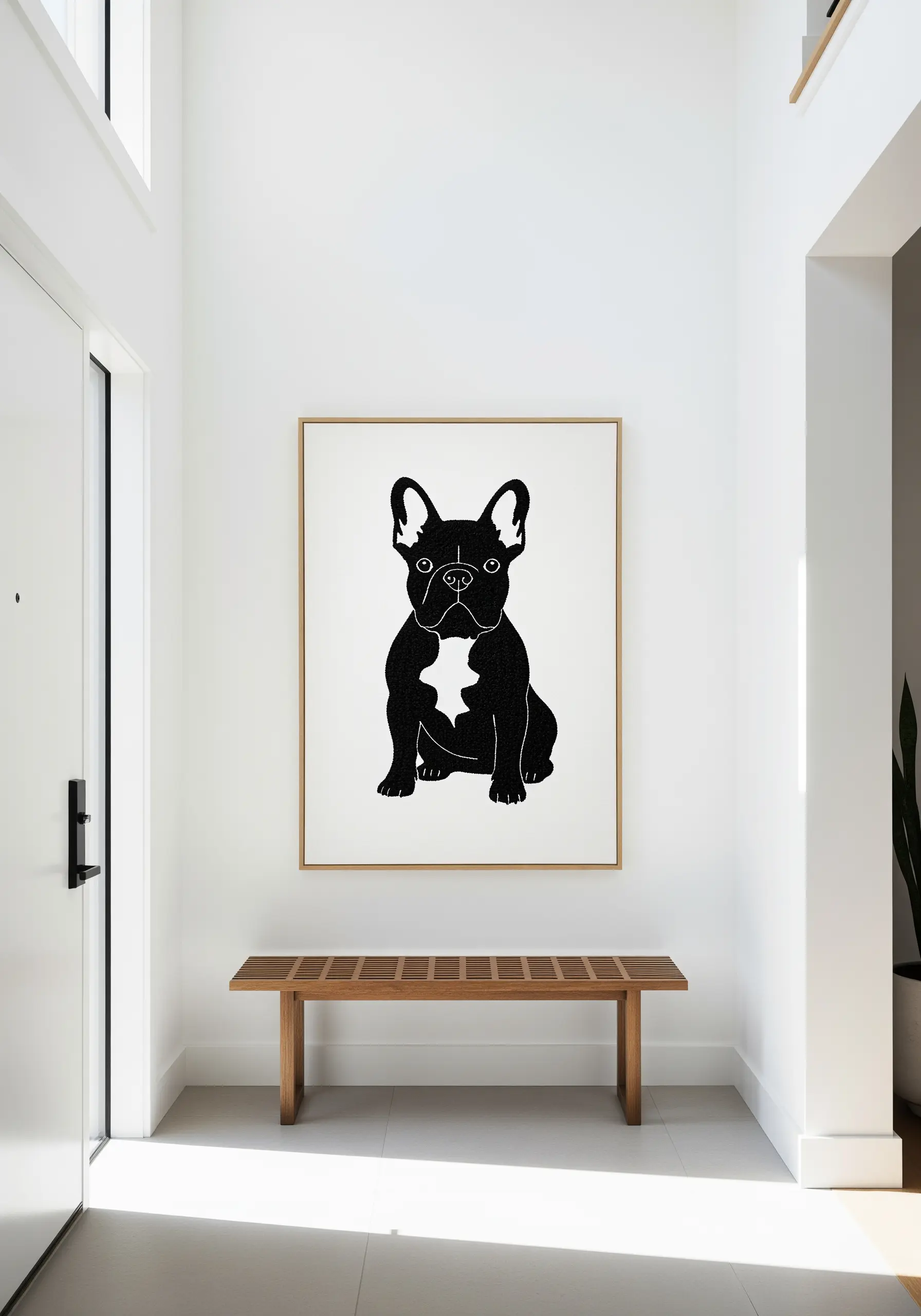 Large framed black French Bulldog silhouette embroidery art