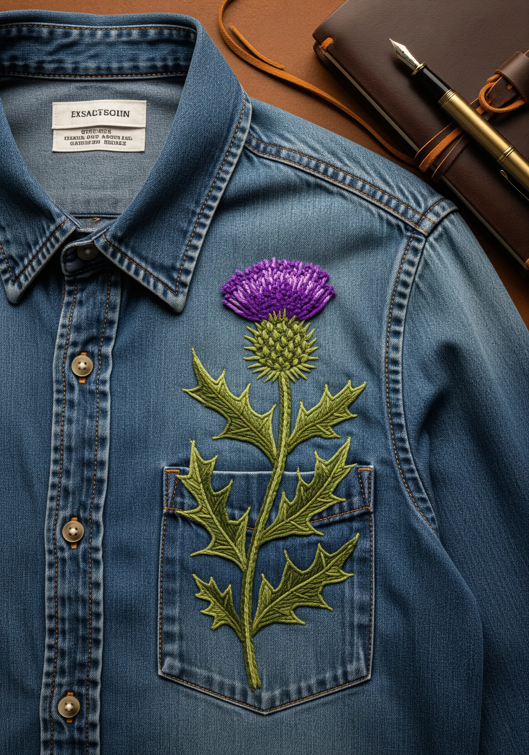 A large, textured thistle embroidered over the pocket of a denim shirt.