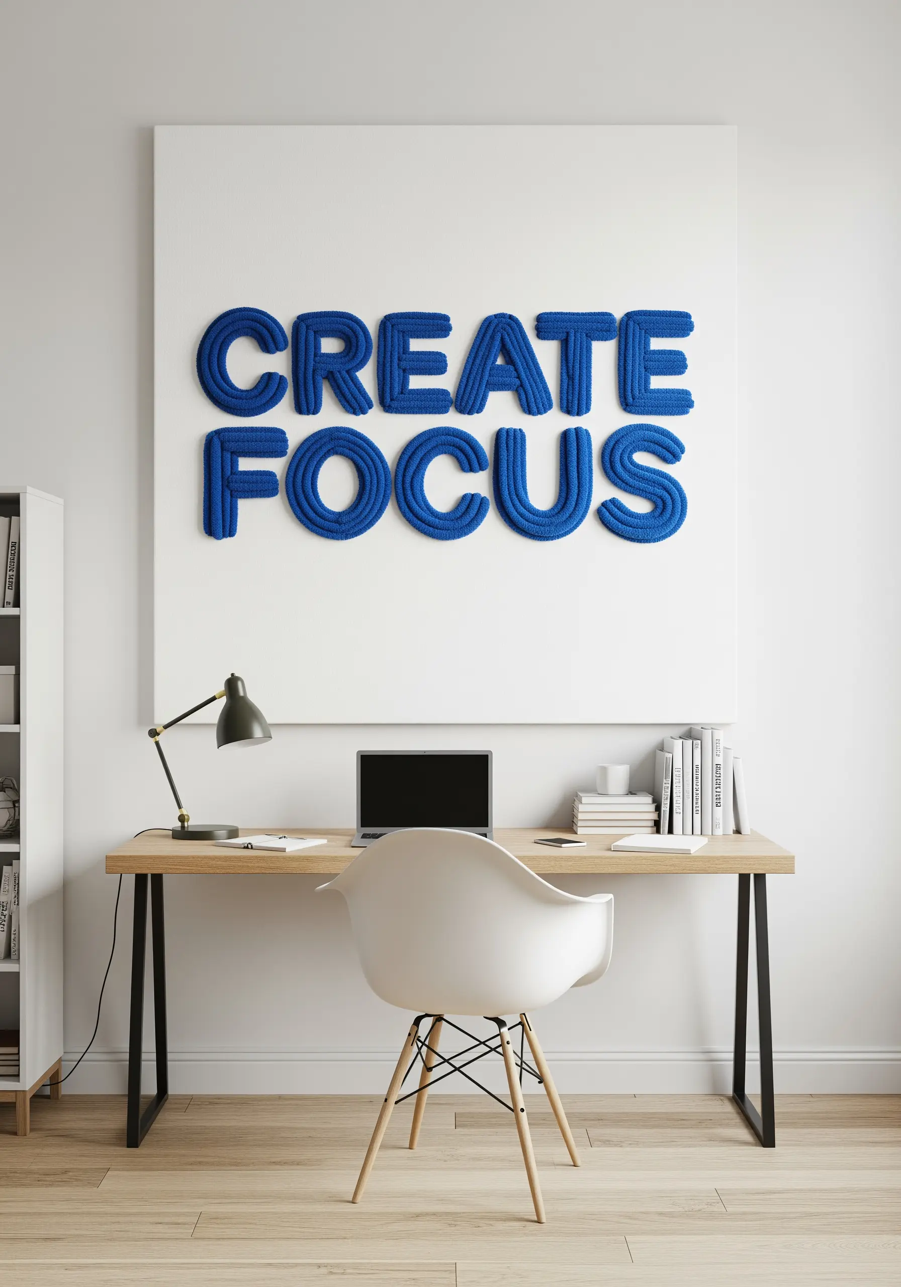 3D wall art with the words 'CREATE FOCUS' made from blue yarn wrapped around letter forms.