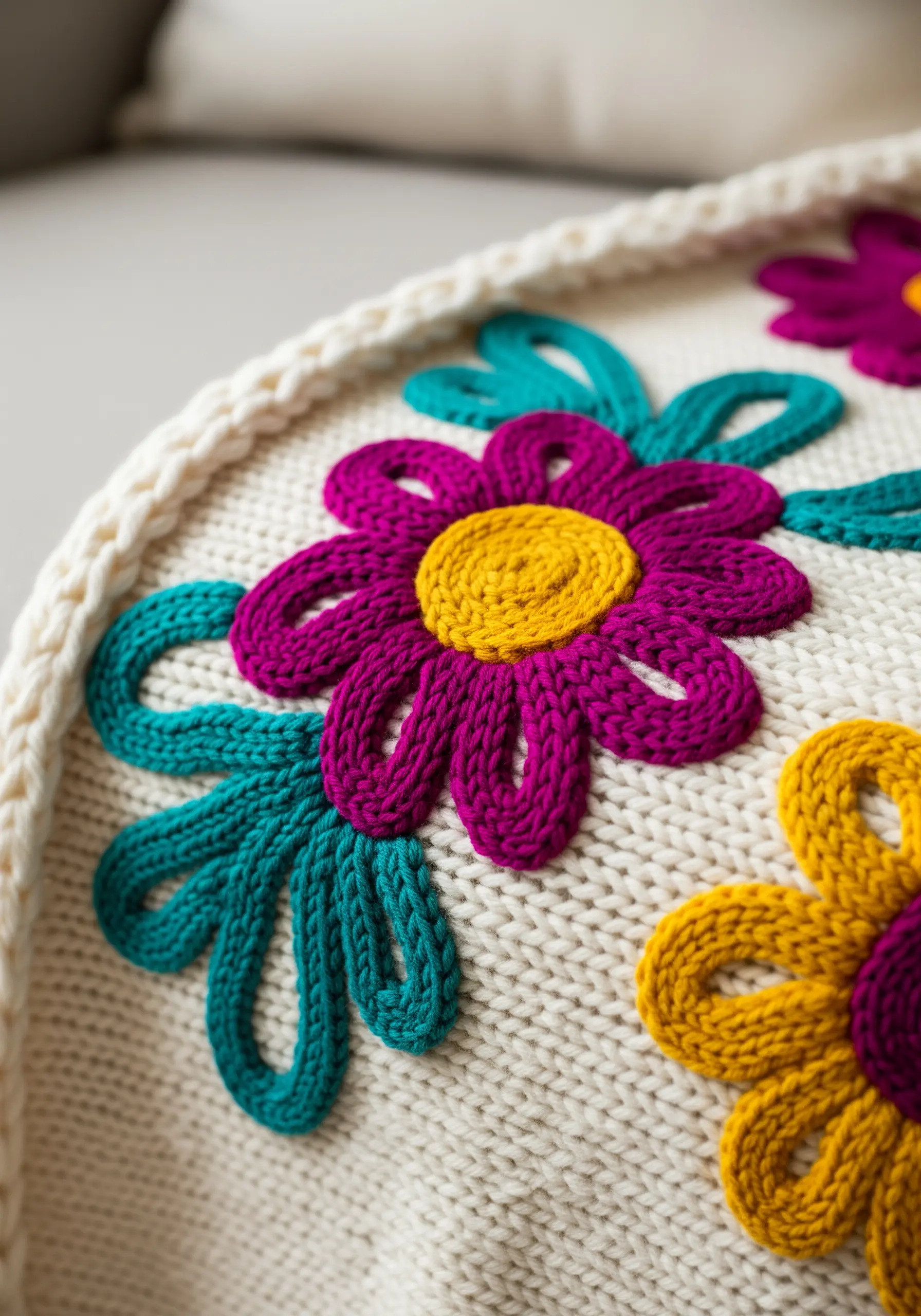 Colorful yarn-embroidered flowers with chain stitch outlines on a cream knitted fabric.
