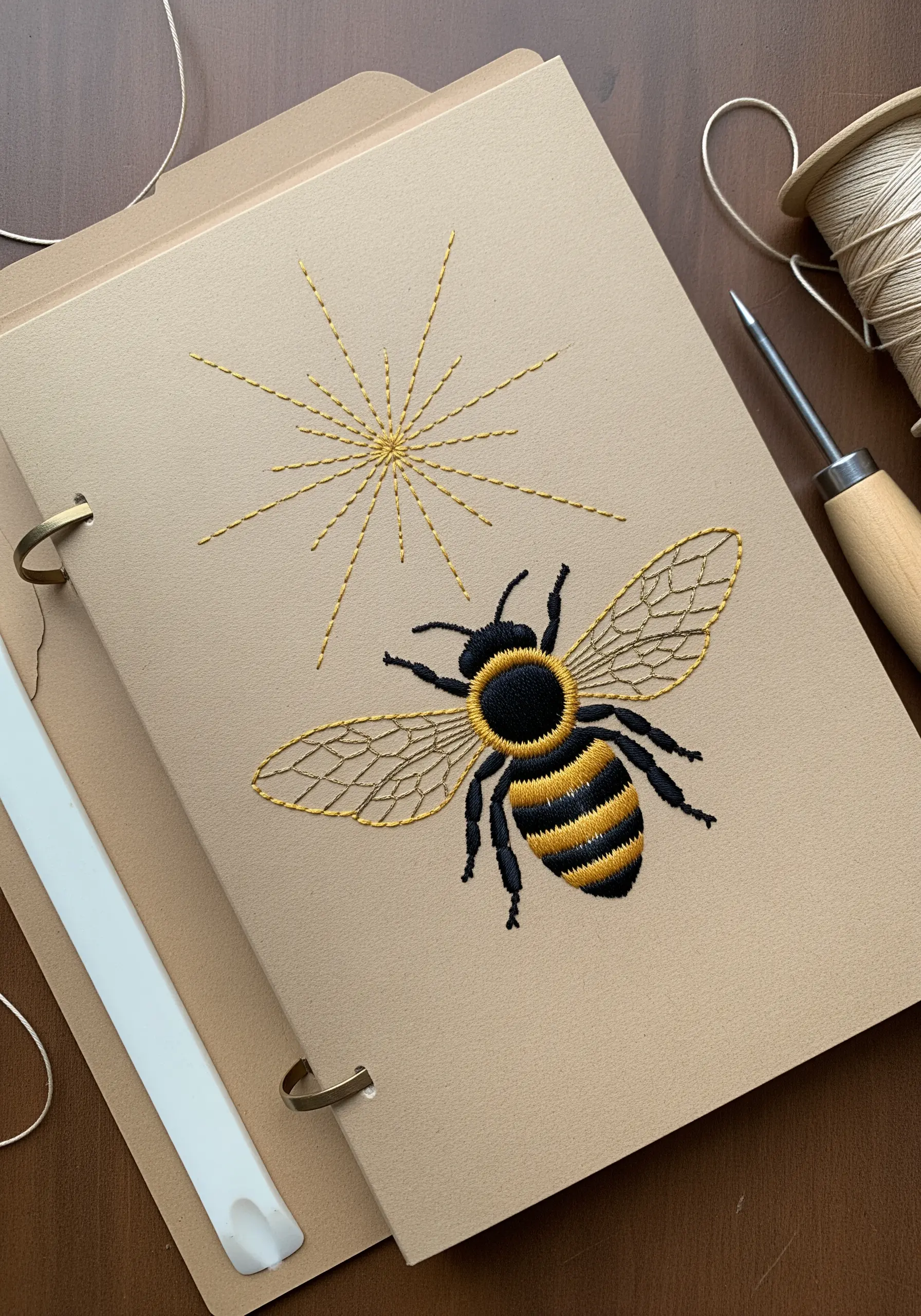 Embroidered bee with detailed wings and satin-stitched body on a kraft paper journal.
