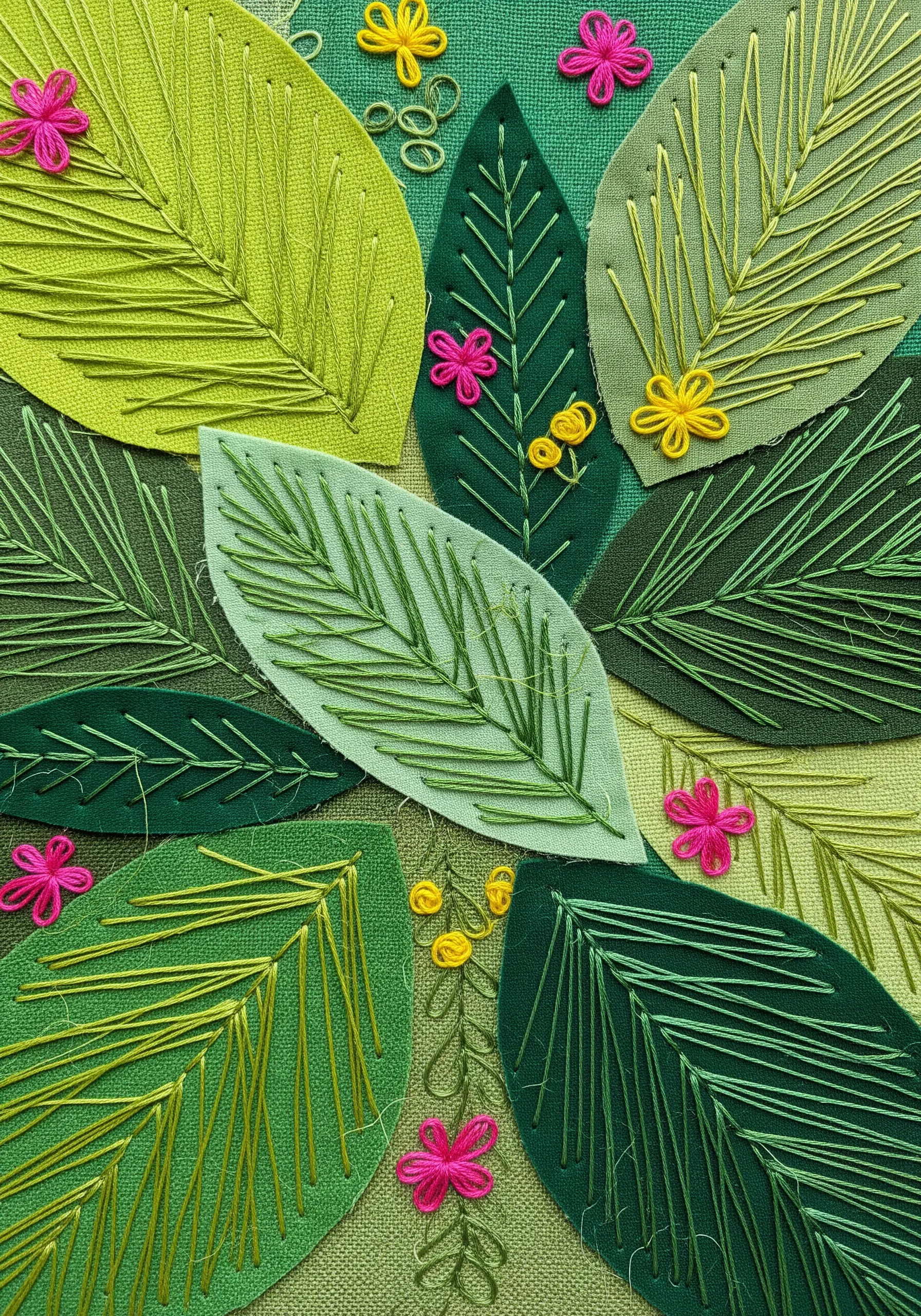 A collage of green fabric leaf shapes decorated with simple straight-stitch veins.