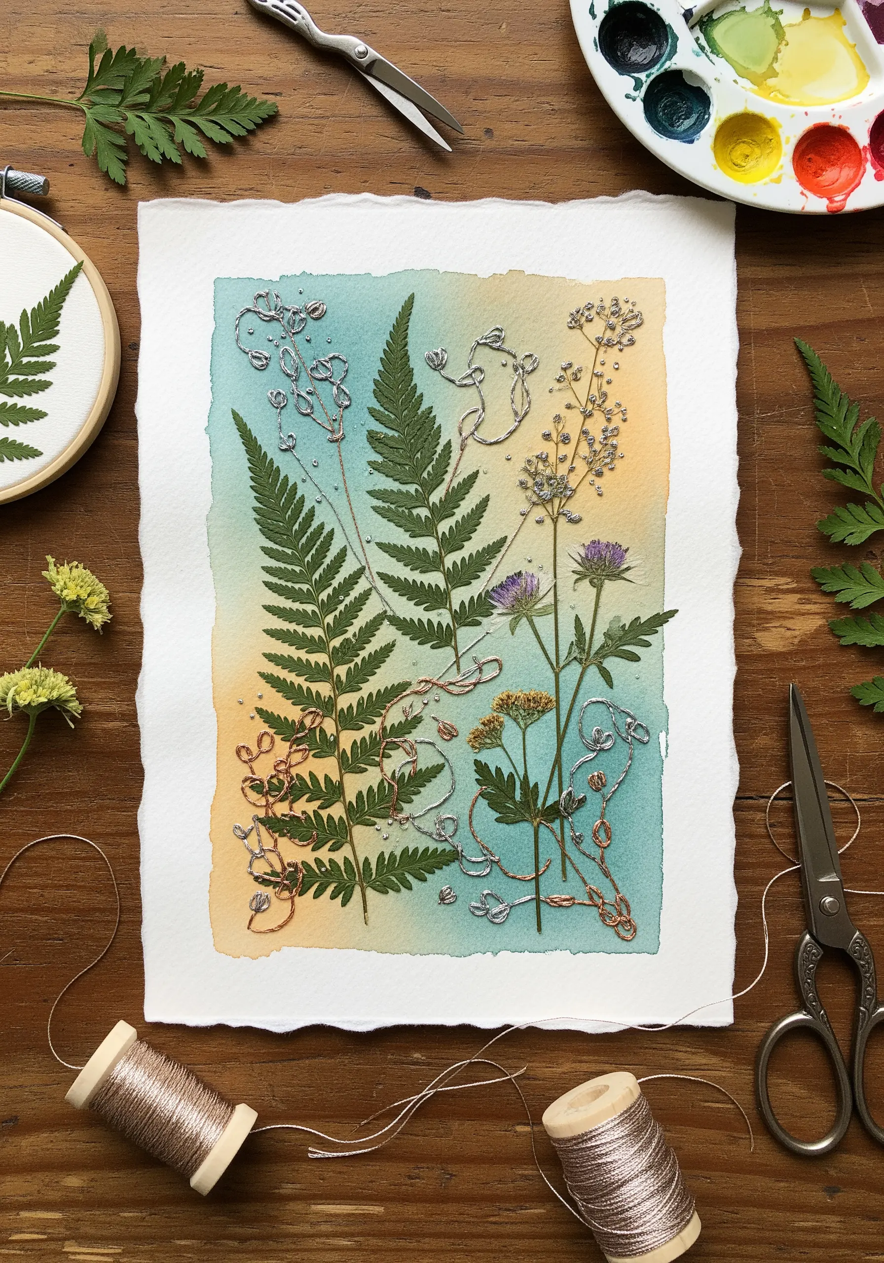 Pressed ferns on watercolor paper with delicate silver and gold couching stitch embroidery.