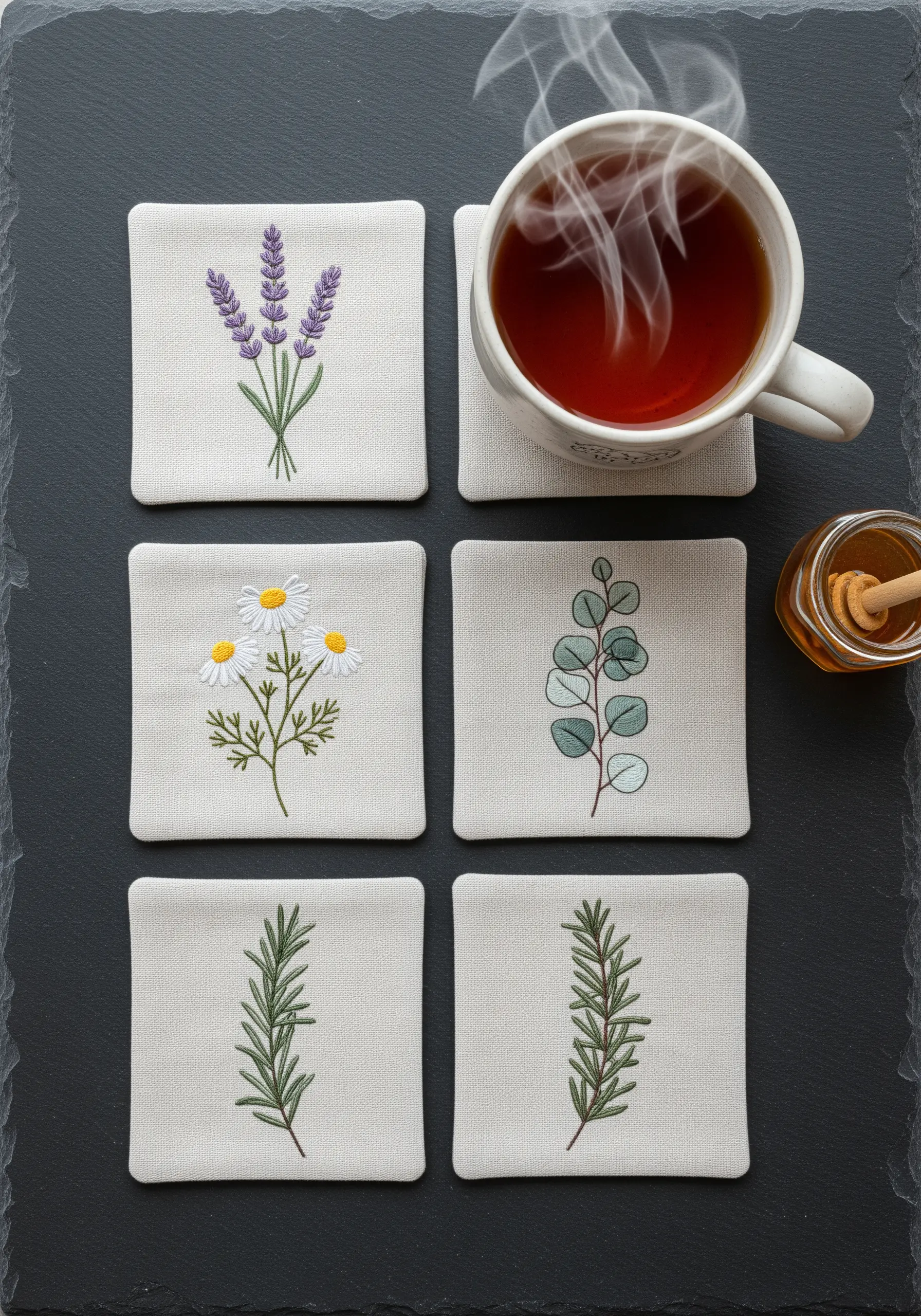 A set of six embroidered coasters with delicate botanical designs: lavender, chamomile, and rosemary.
