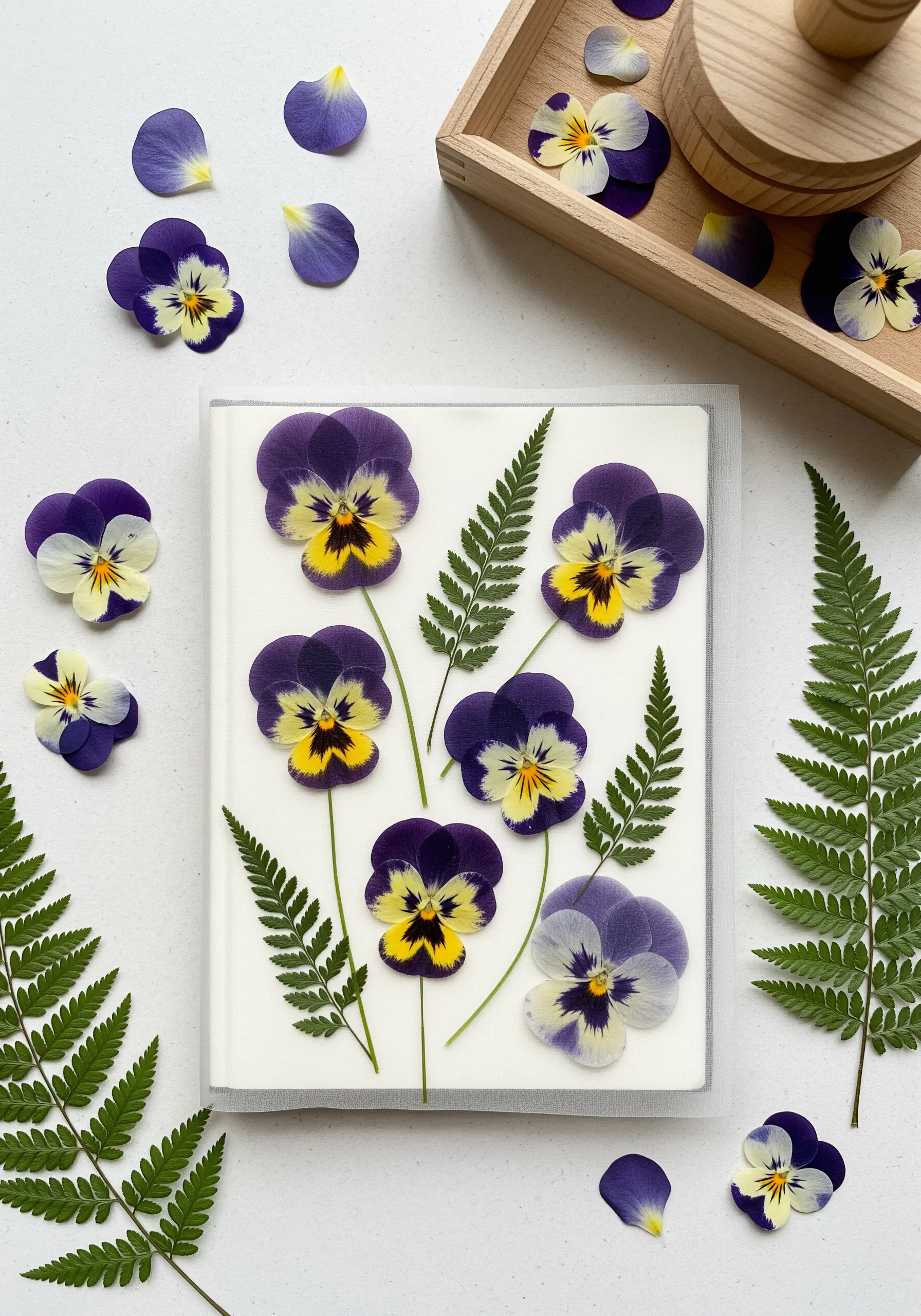 Pressed pansies and ferns arranged on a journal cover and overlaid with a sheer layer of tulle.