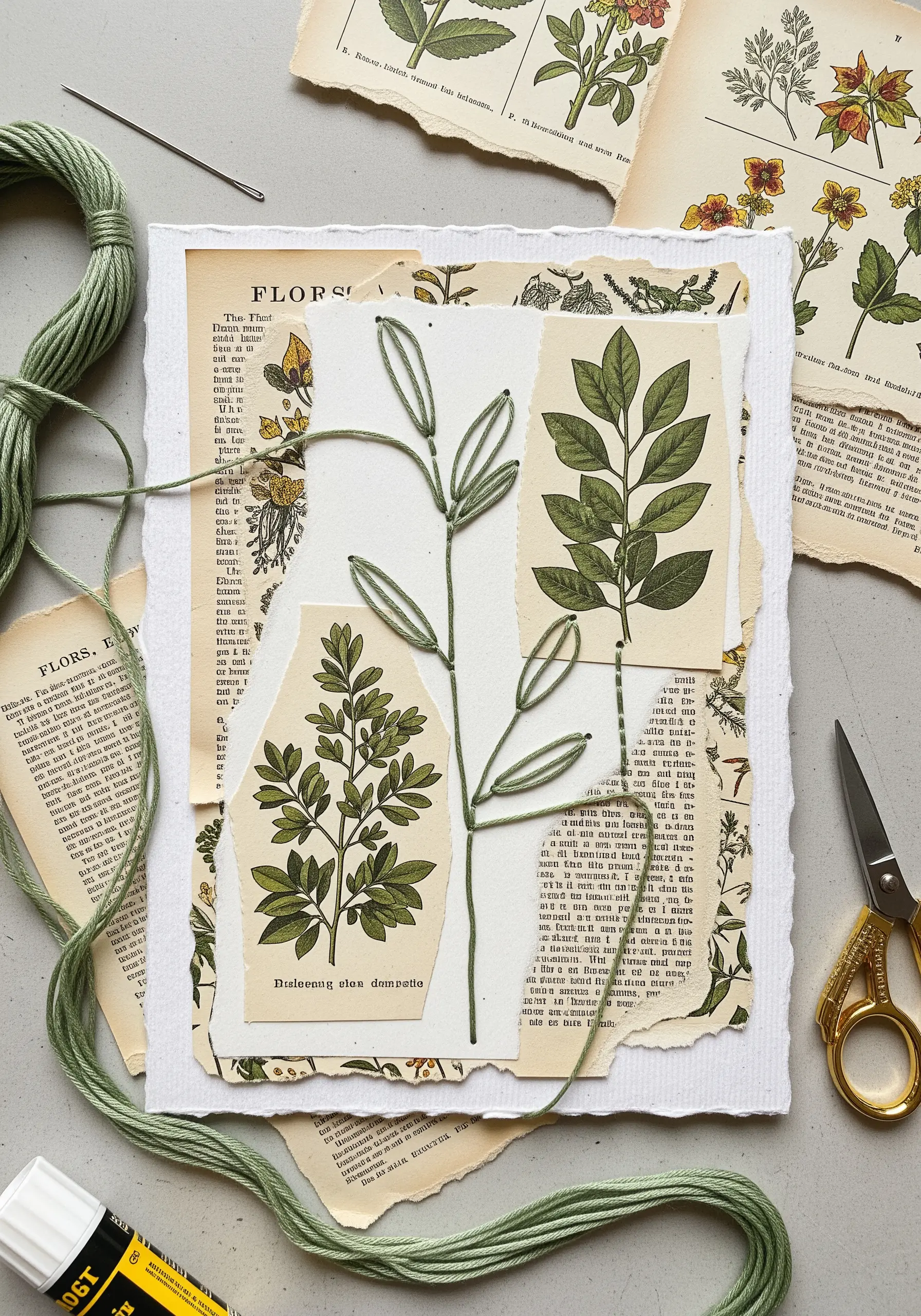 Vintage paper leaf collage with green embroidered stems connecting pieces