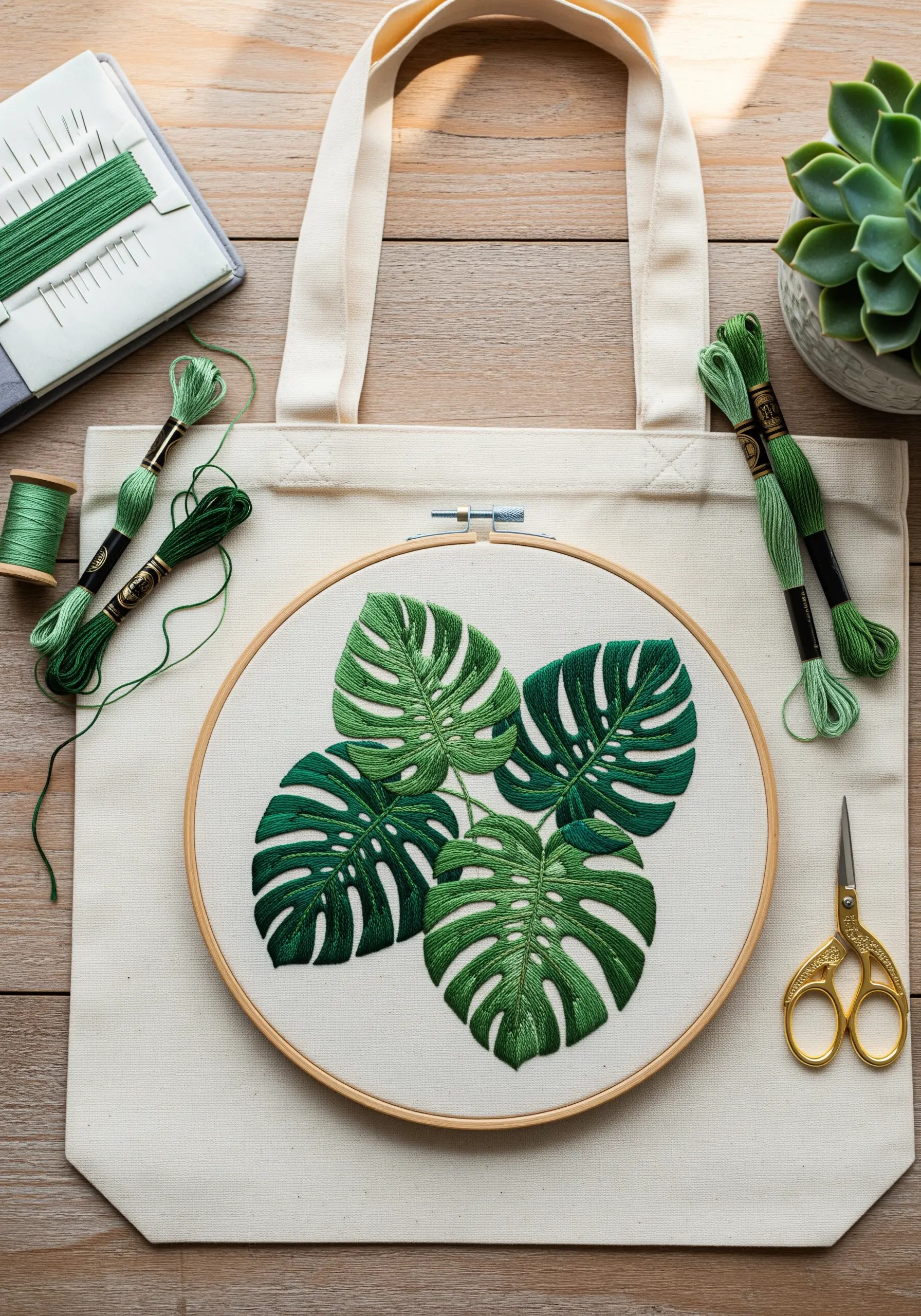 Embroidered monstera leaves on a canvas tote bag using green satin stitches.