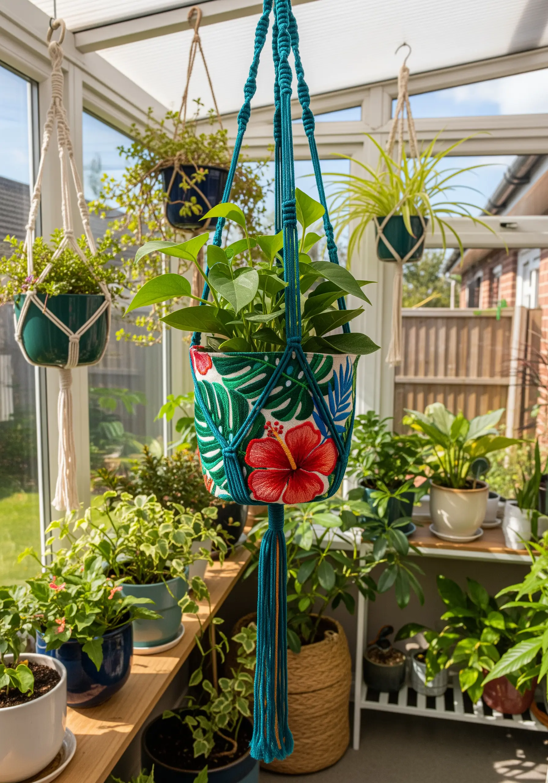 A fabric plant pot cover with a bold embroidered hibiscus and tropical leaves, held in a macrame hanger.