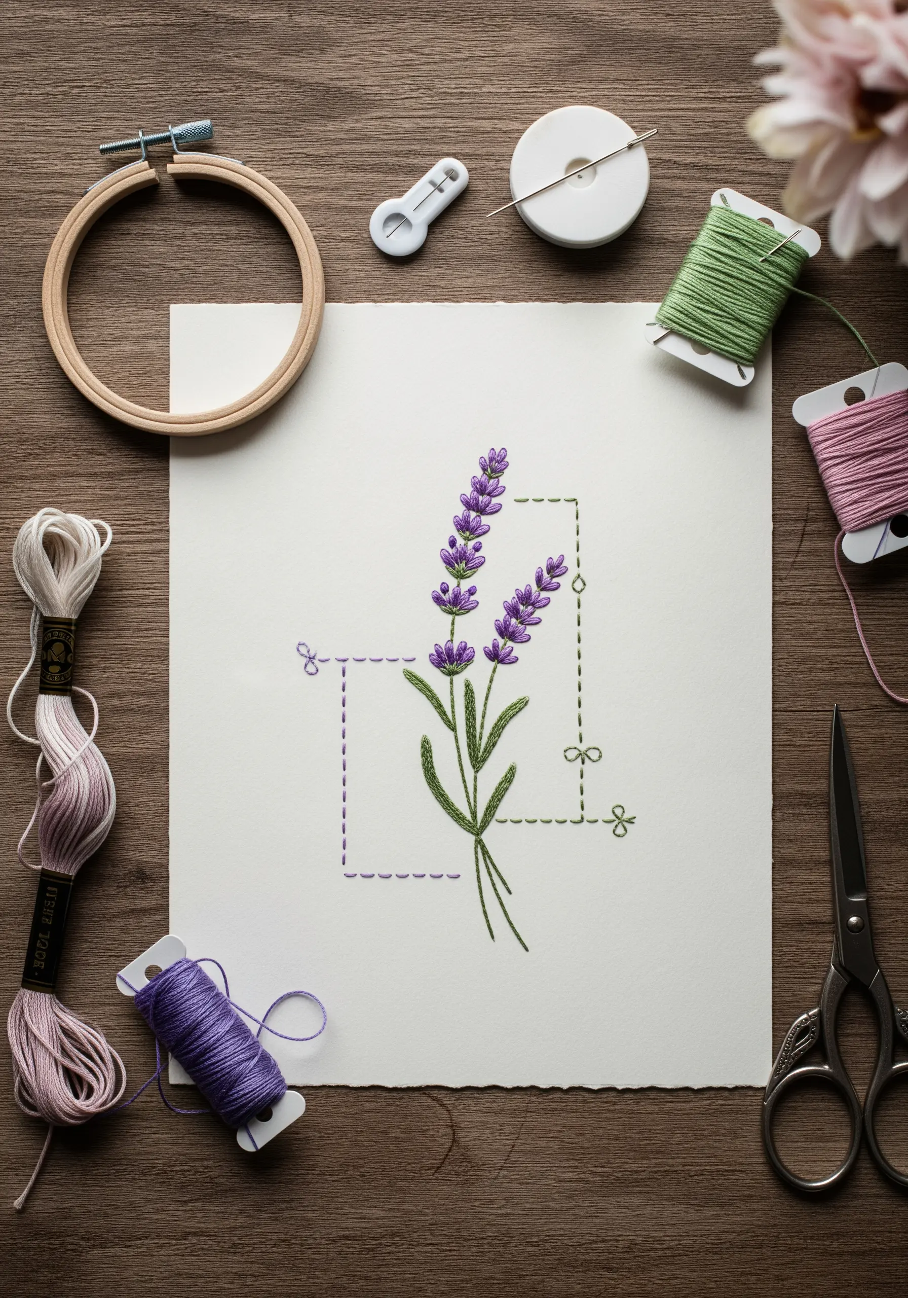 Lavender sprigs embroidered on white paper with a dashed line frame.