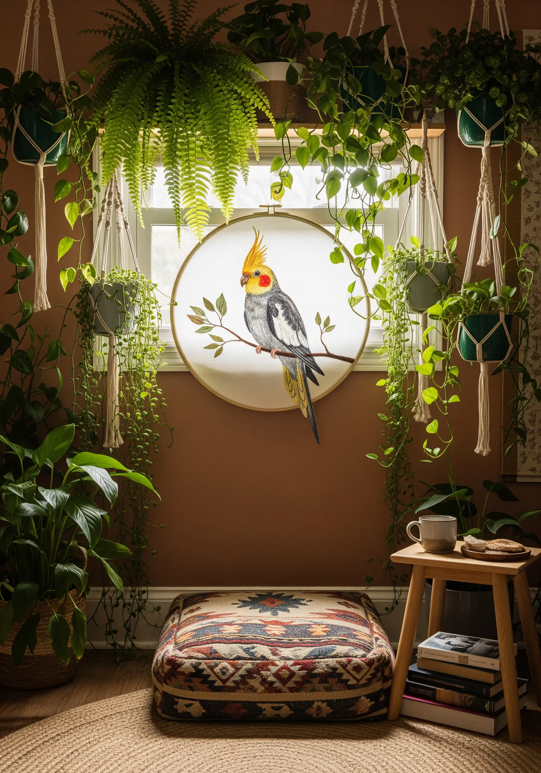 Embroidered cockatiel on a branch, framed by a window with lush plants.