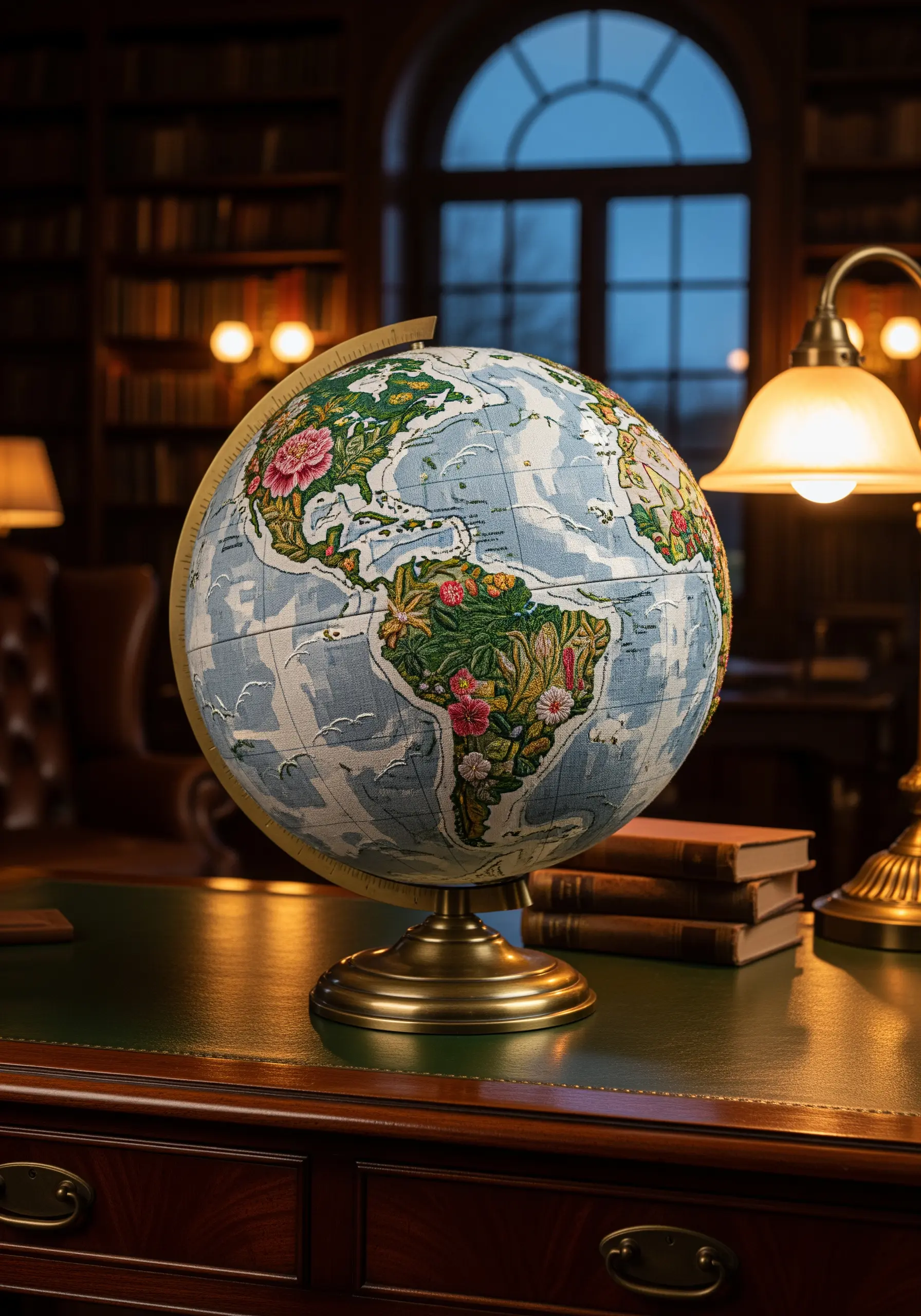 Globe with continents filled with embroidered flowers