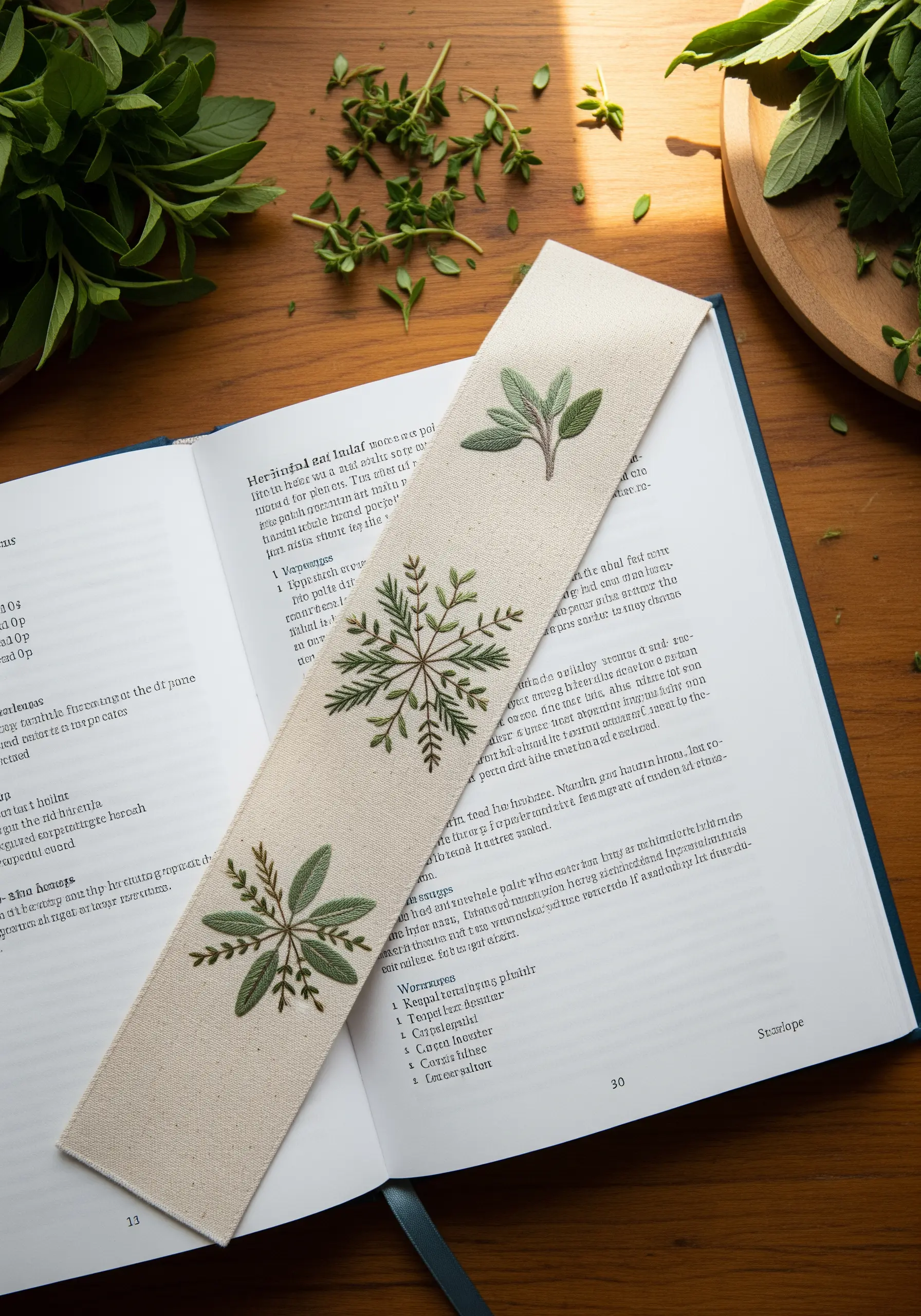 Embroidered sage and herb mandalas on a natural linen fabric bookmark.