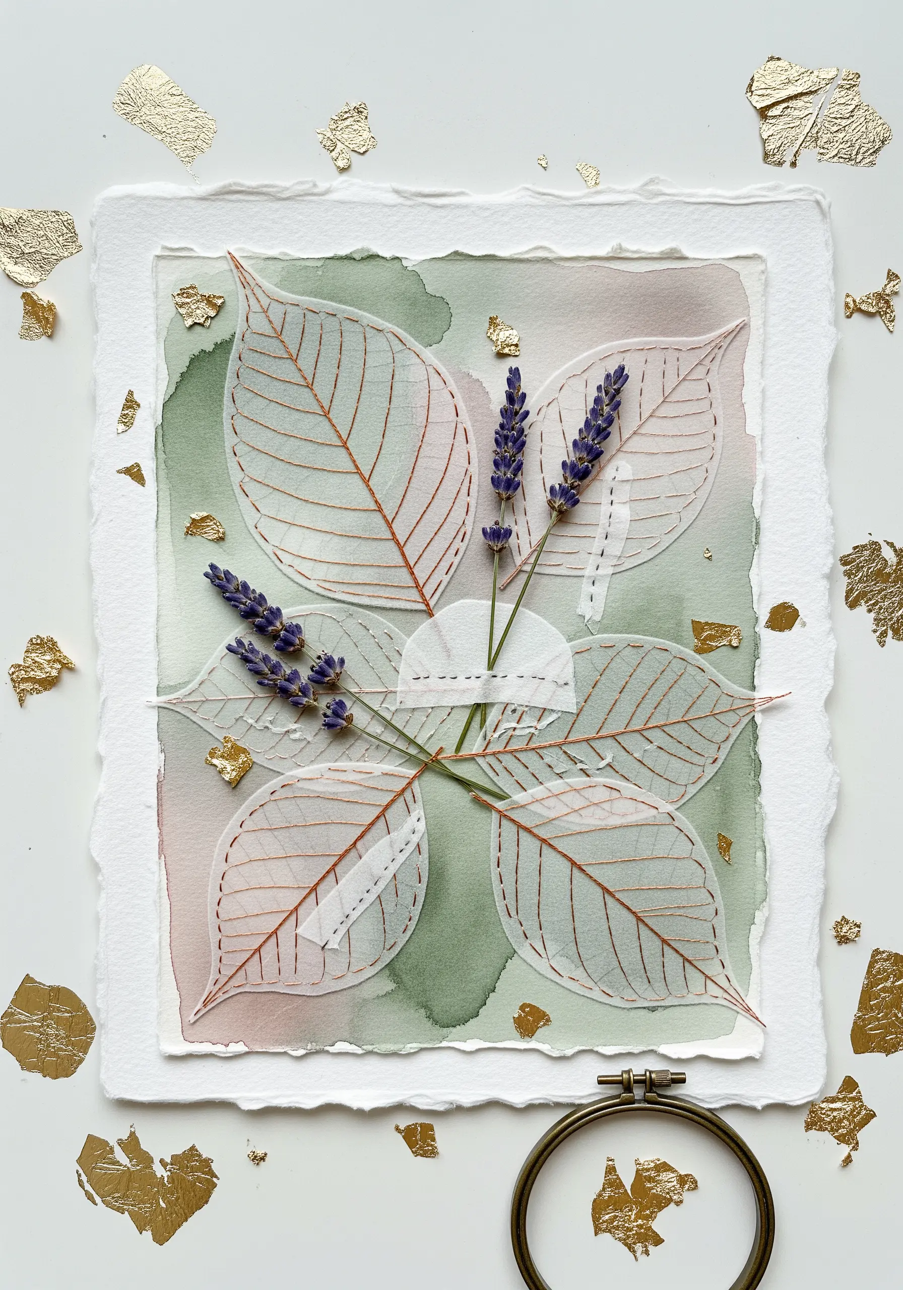 Mixed-media art with embroidered vellum leaves, real lavender, and gold leaf on watercolor paper.