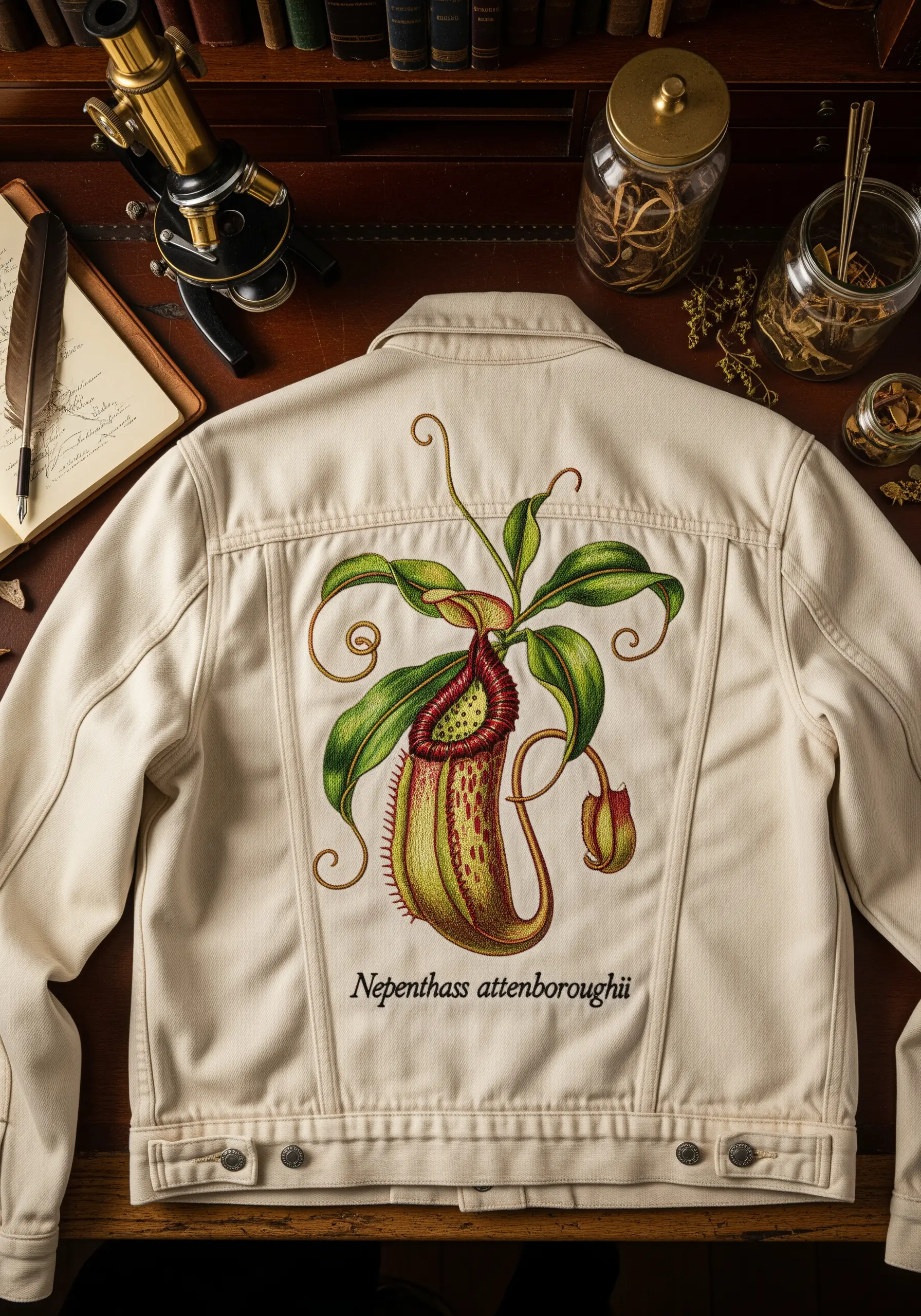 A detailed botanical illustration style embroidery of a pitcher plant on a jacket.