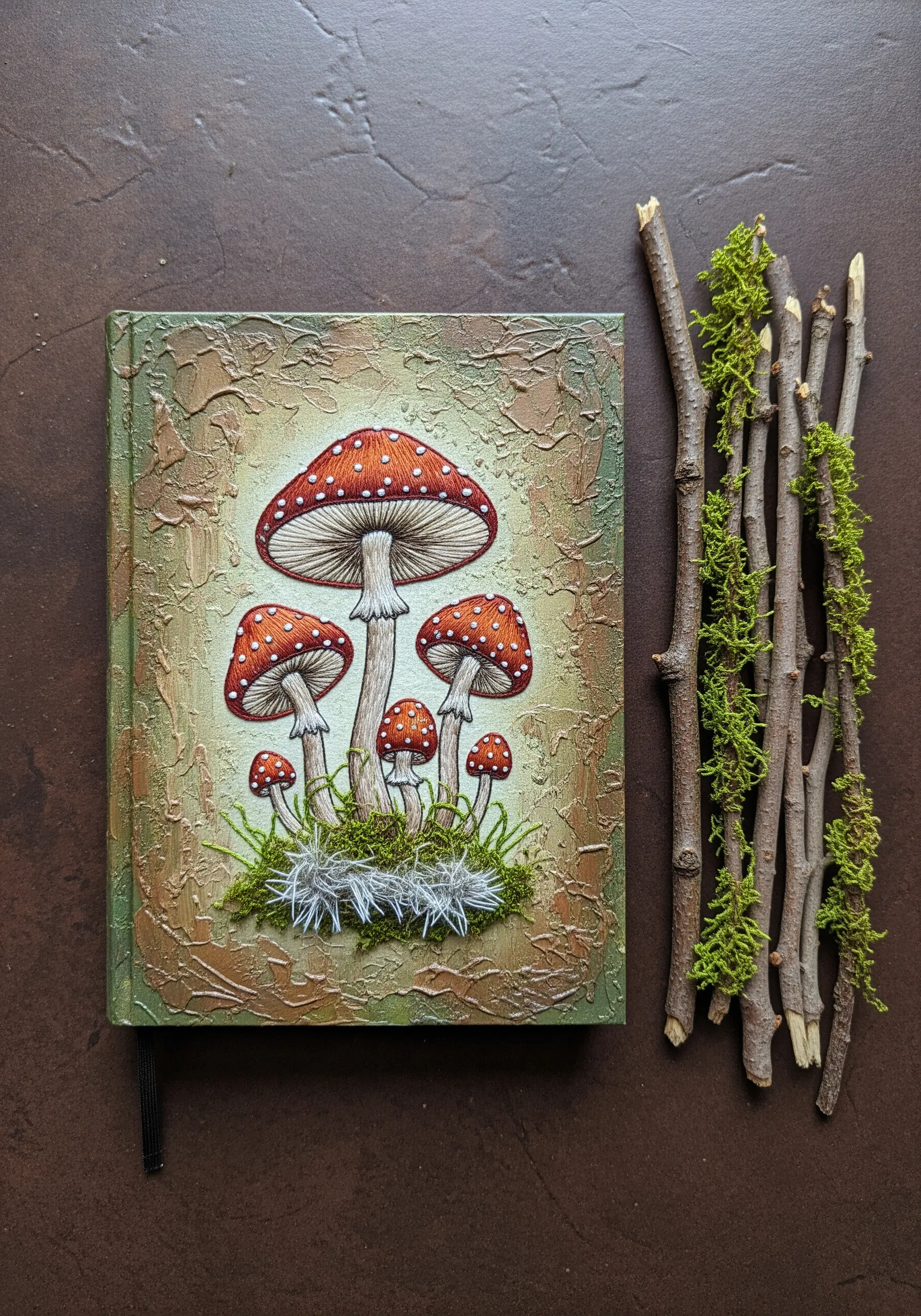 Painted mushrooms on a textured journal cover with 3D embroidered moss at the base.