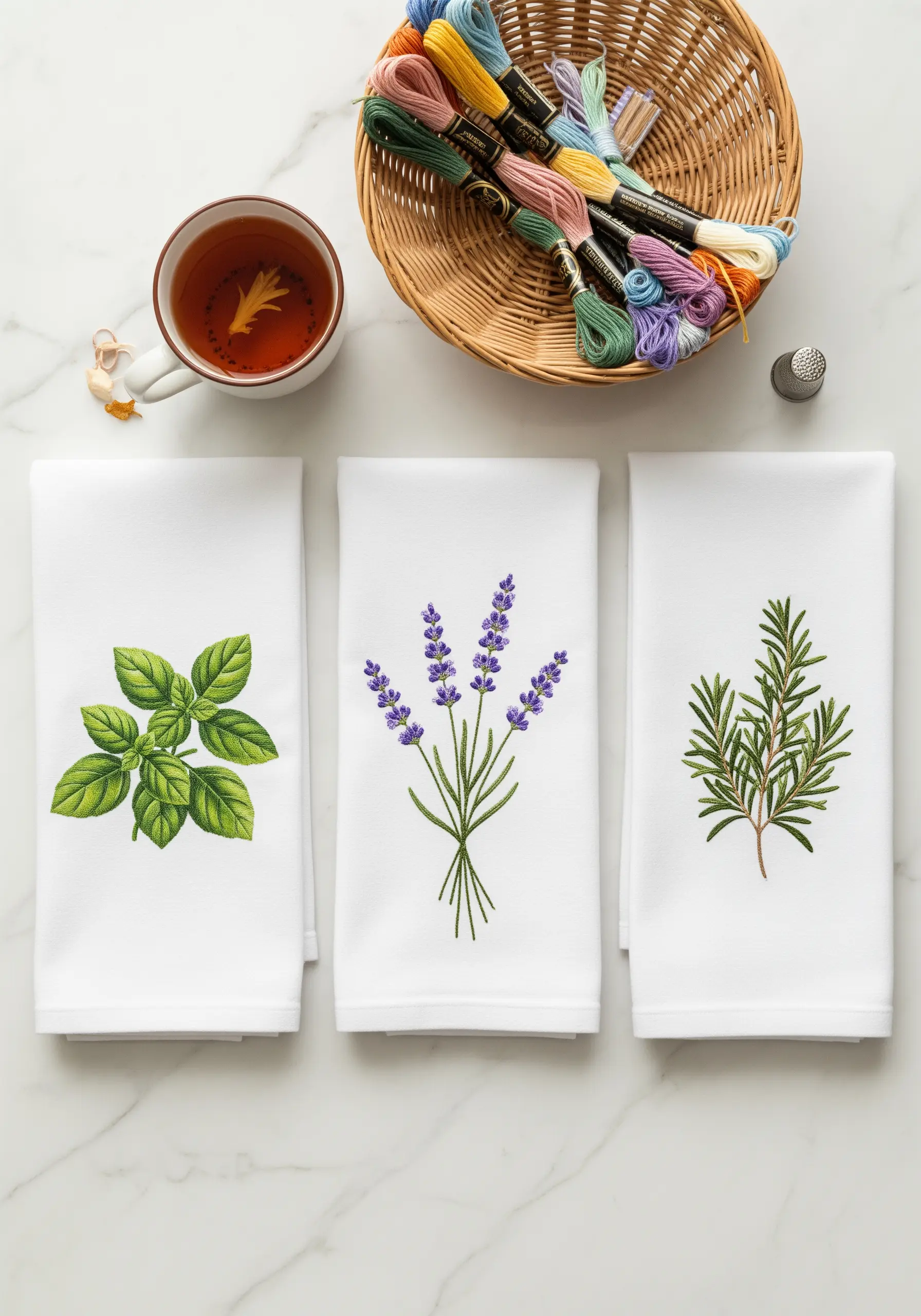 Embroidered basil, lavender, and rosemary on white kitchen towels.