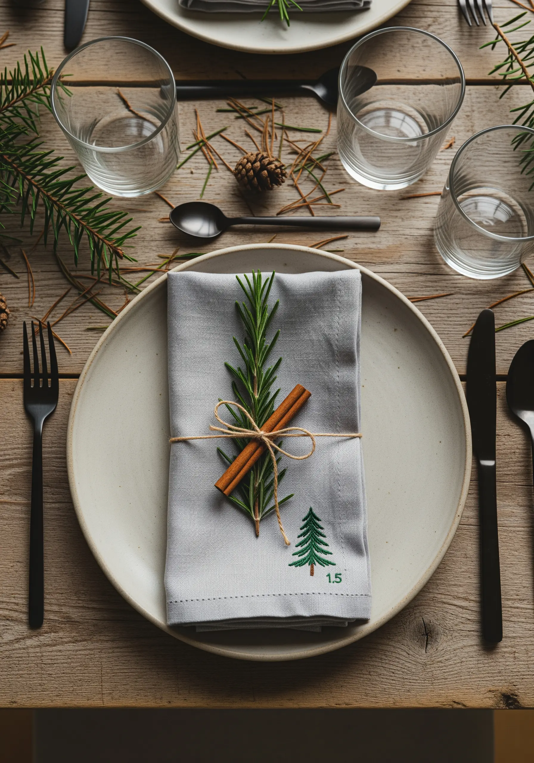 Grey linen napkin with embroidered rosemary sprig and tree