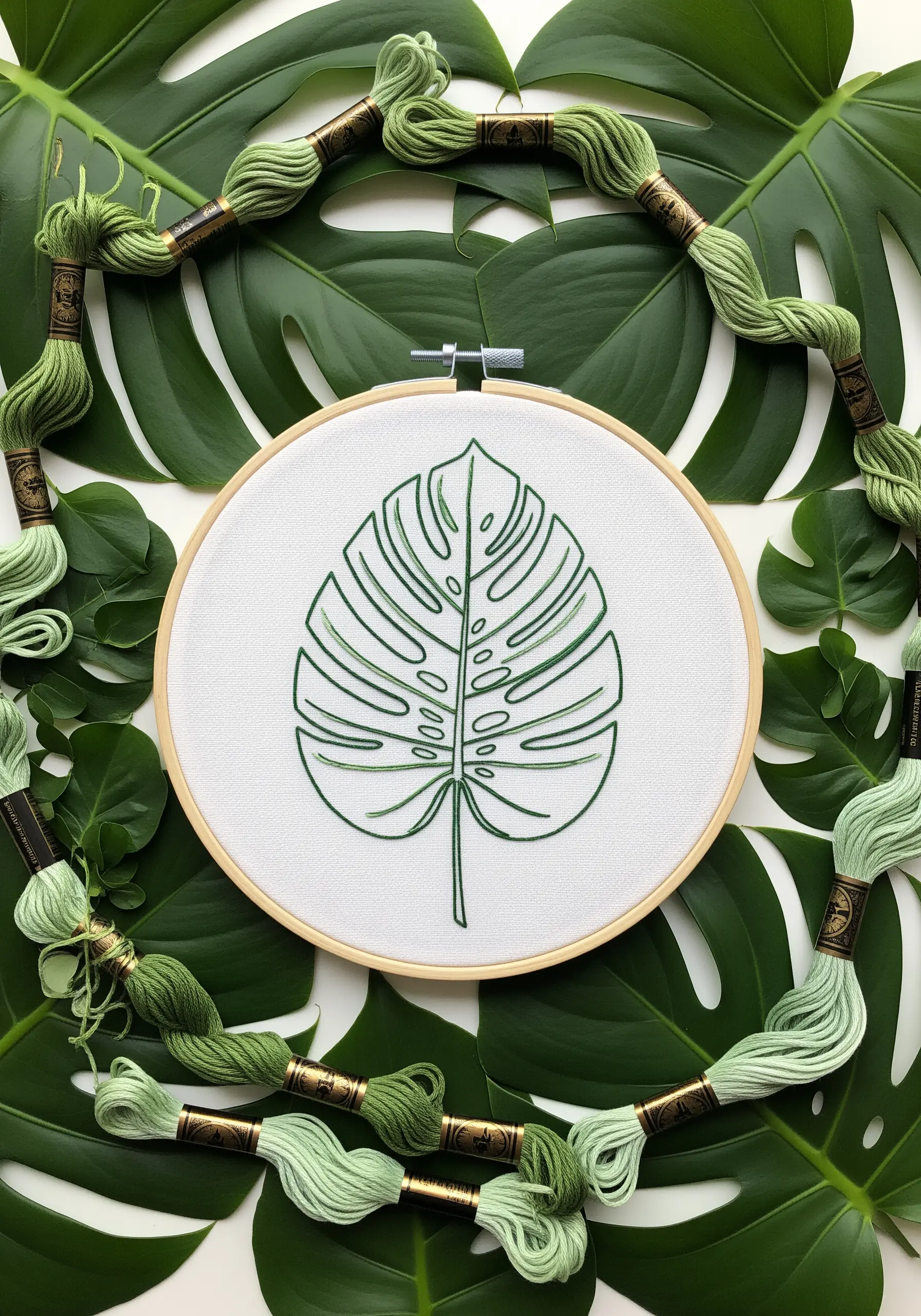 Monstera leaf outline embroidery in green thread