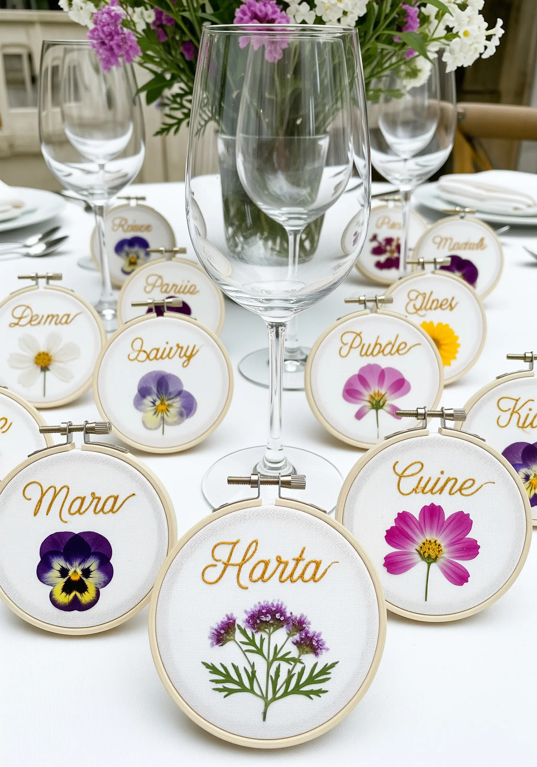 Miniature embroidery hoop place cards with names stitched in gold and a single pressed flower.