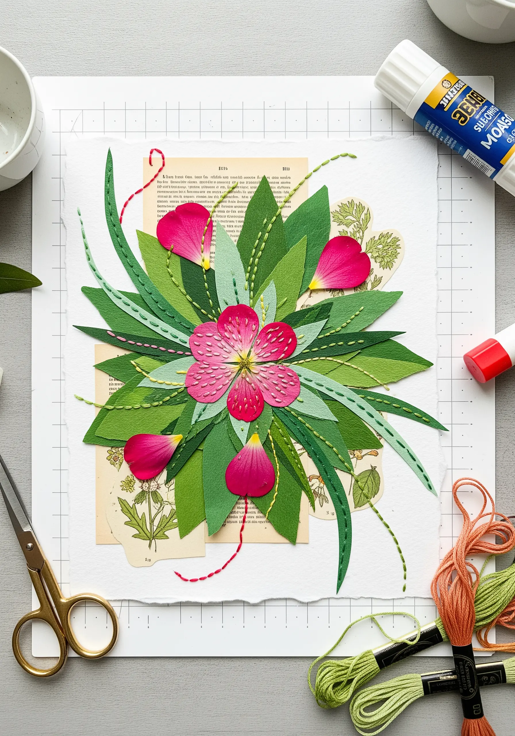 Layered paper leaves and flower petals connected with green and red embroidery stitches.