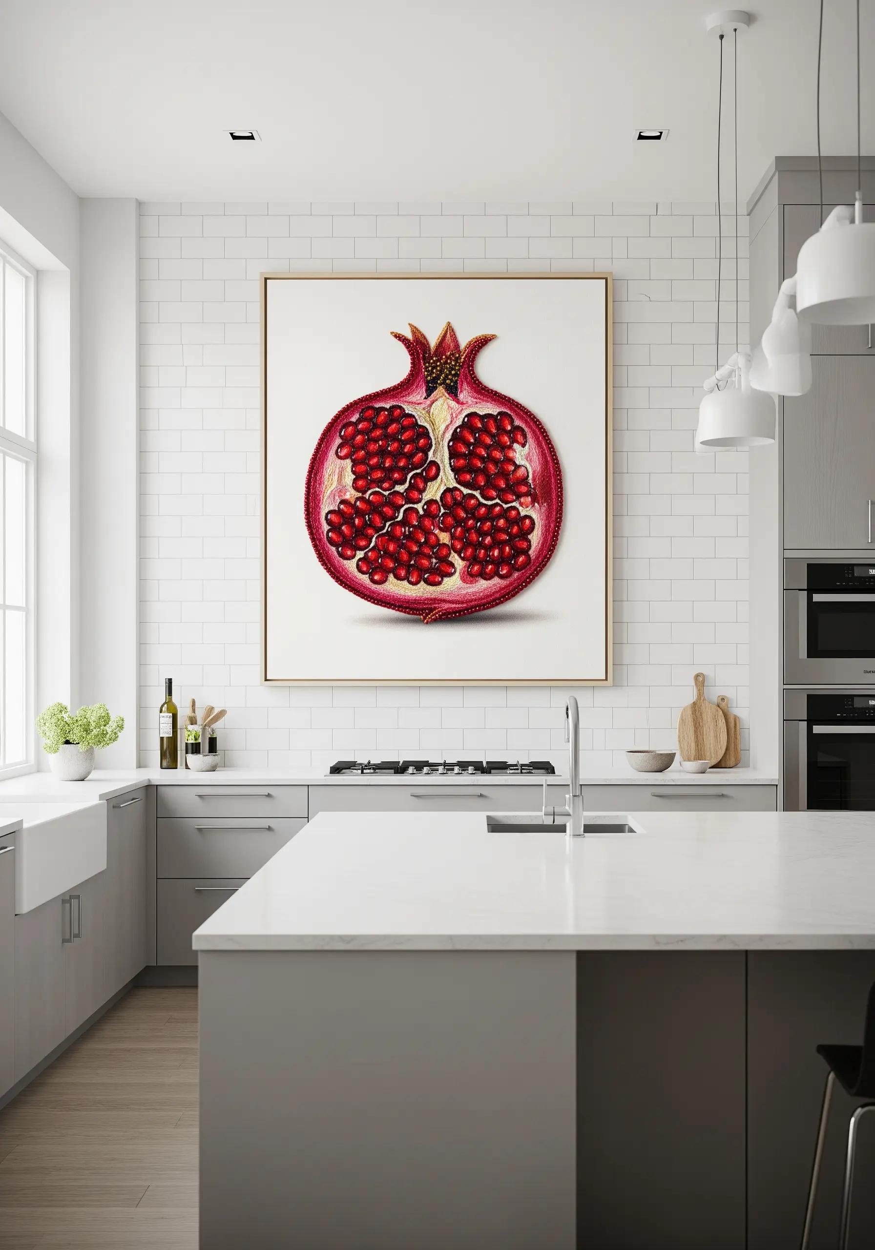 A large, hyper-realistic embroidery of a halved pomegranate hanging in a modern kitchen.